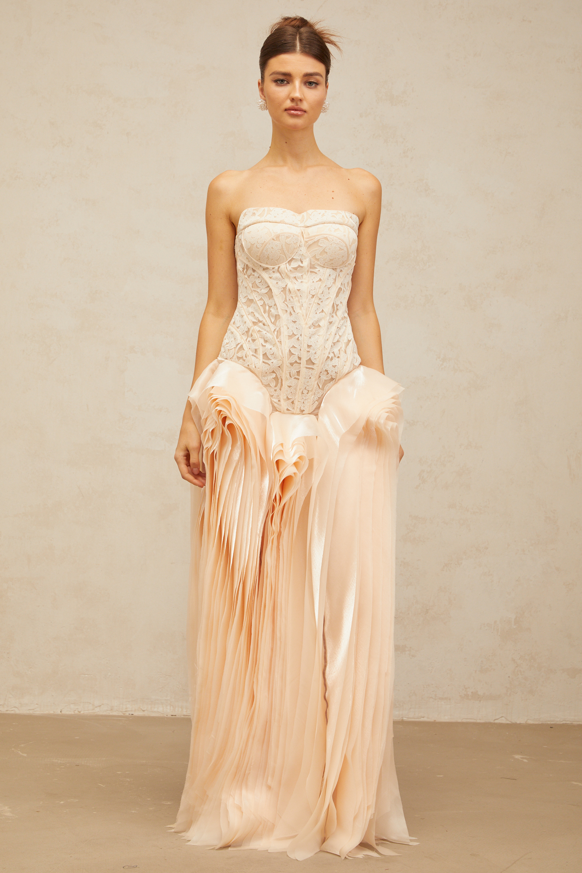 Irène neutrals lace layered corset maxi dress