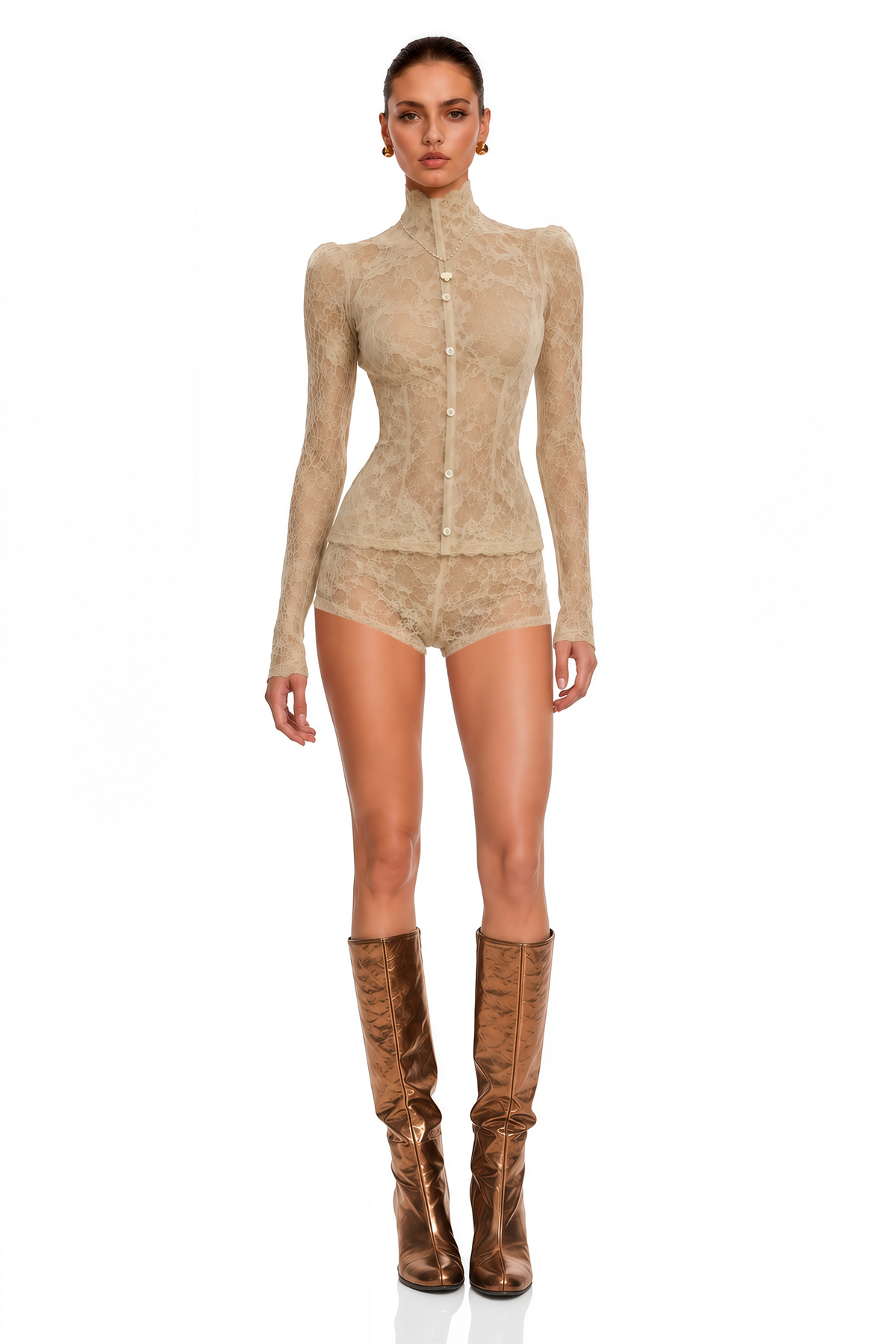 paislee neutral lace high neck long sleeve jacket & shorts set