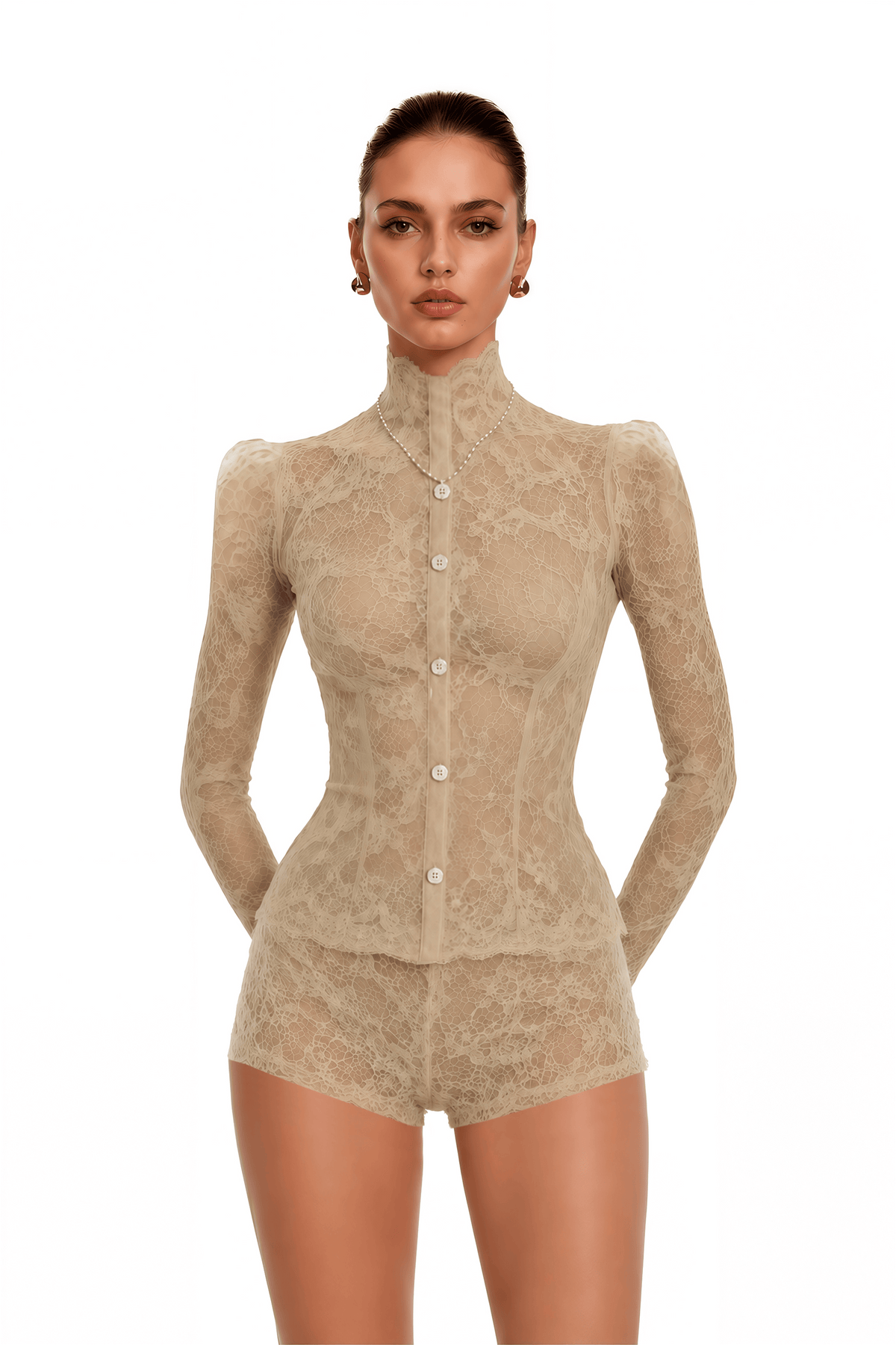 paislee neutral lace high neck long sleeve jacket & shorts set