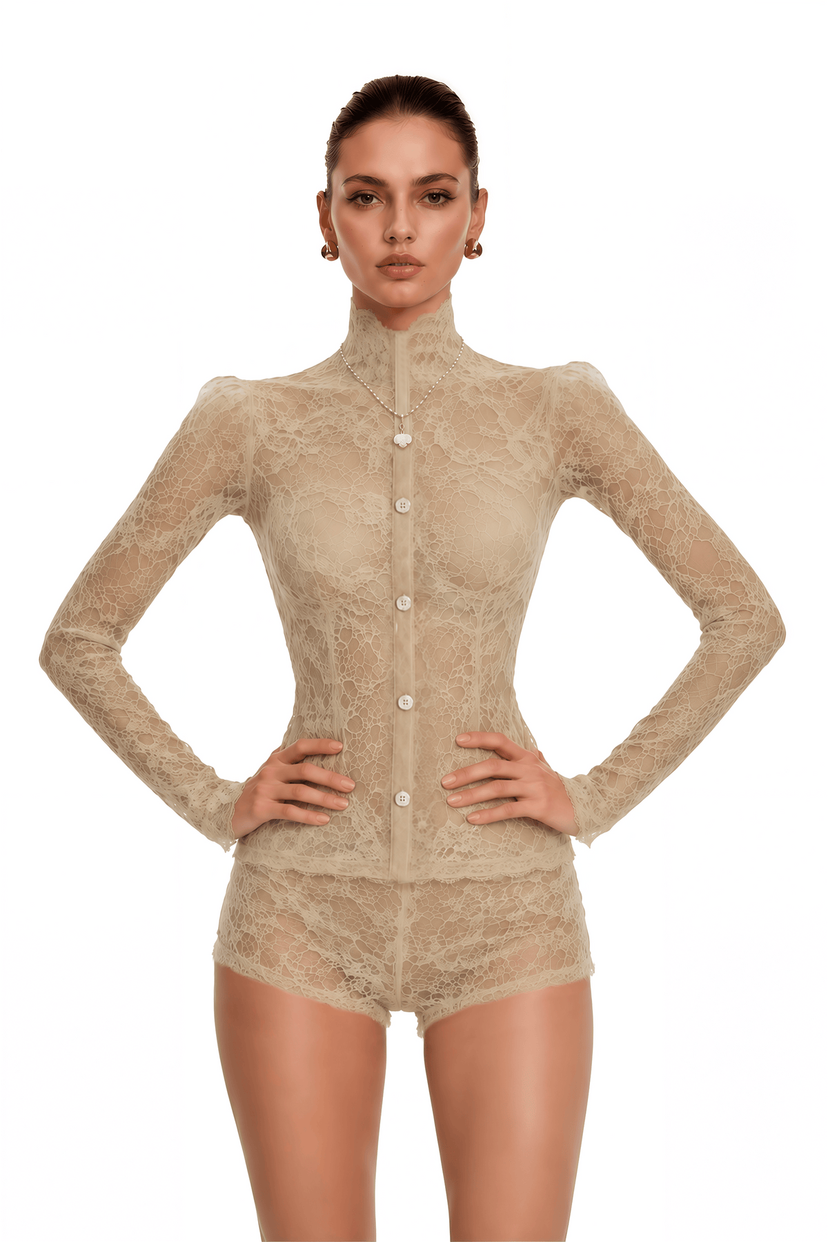 paislee neutral lace high neck long sleeve jacket & shorts set