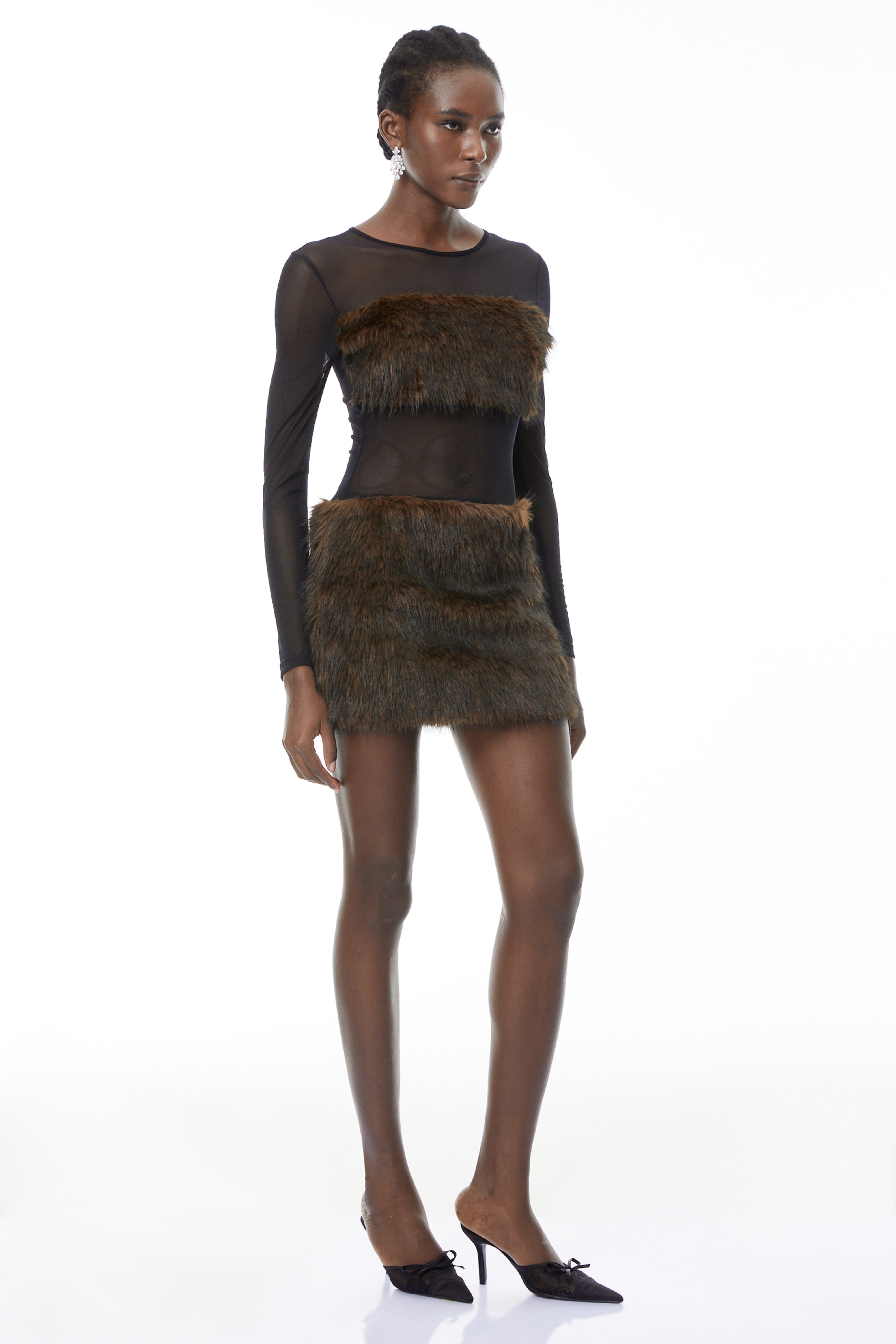 Paloma Brown Faux-Fur Panel Mini Dress