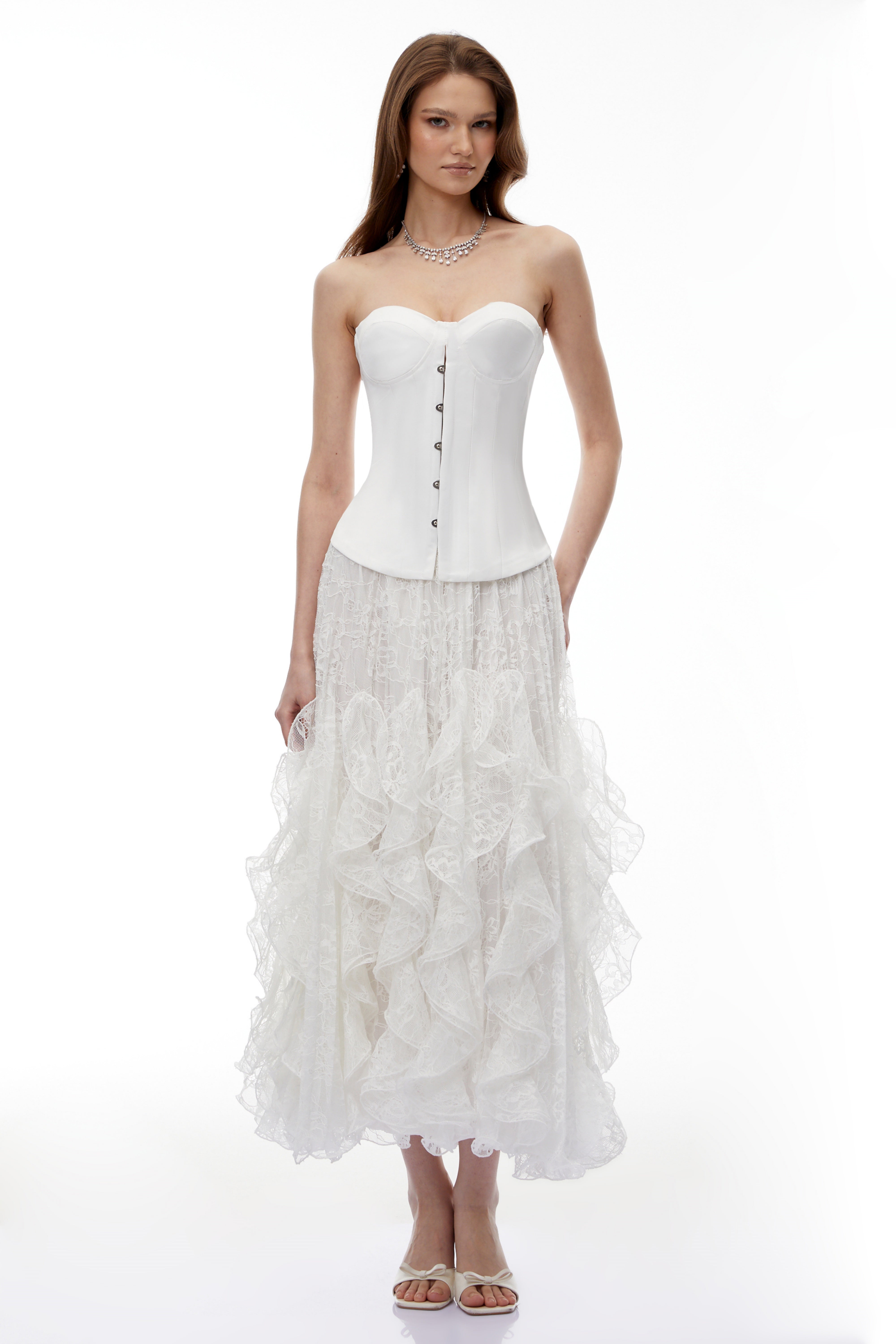 Pantea White Ruffled Lace Skirt