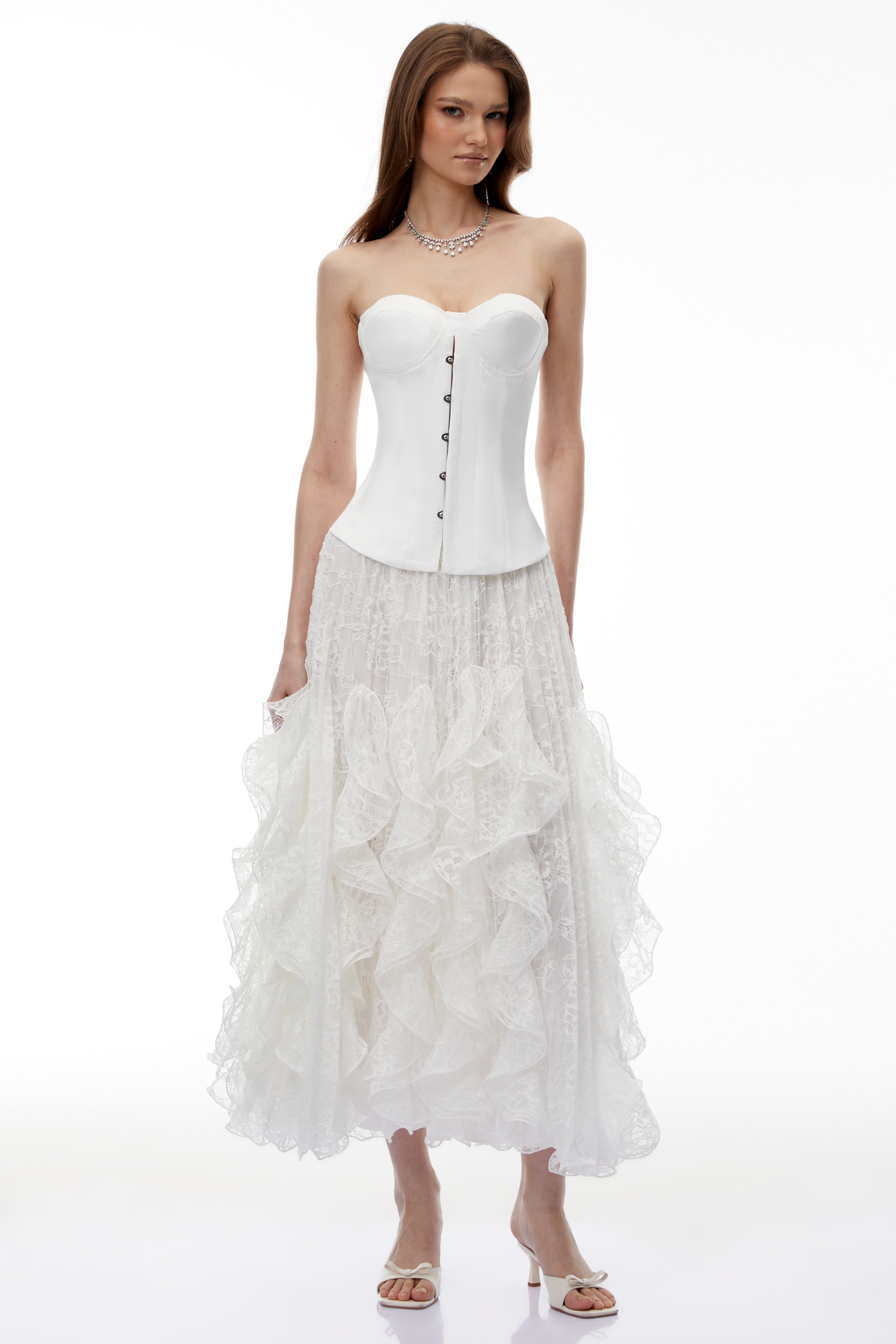 Pantea White Ruffled Lace Skirt