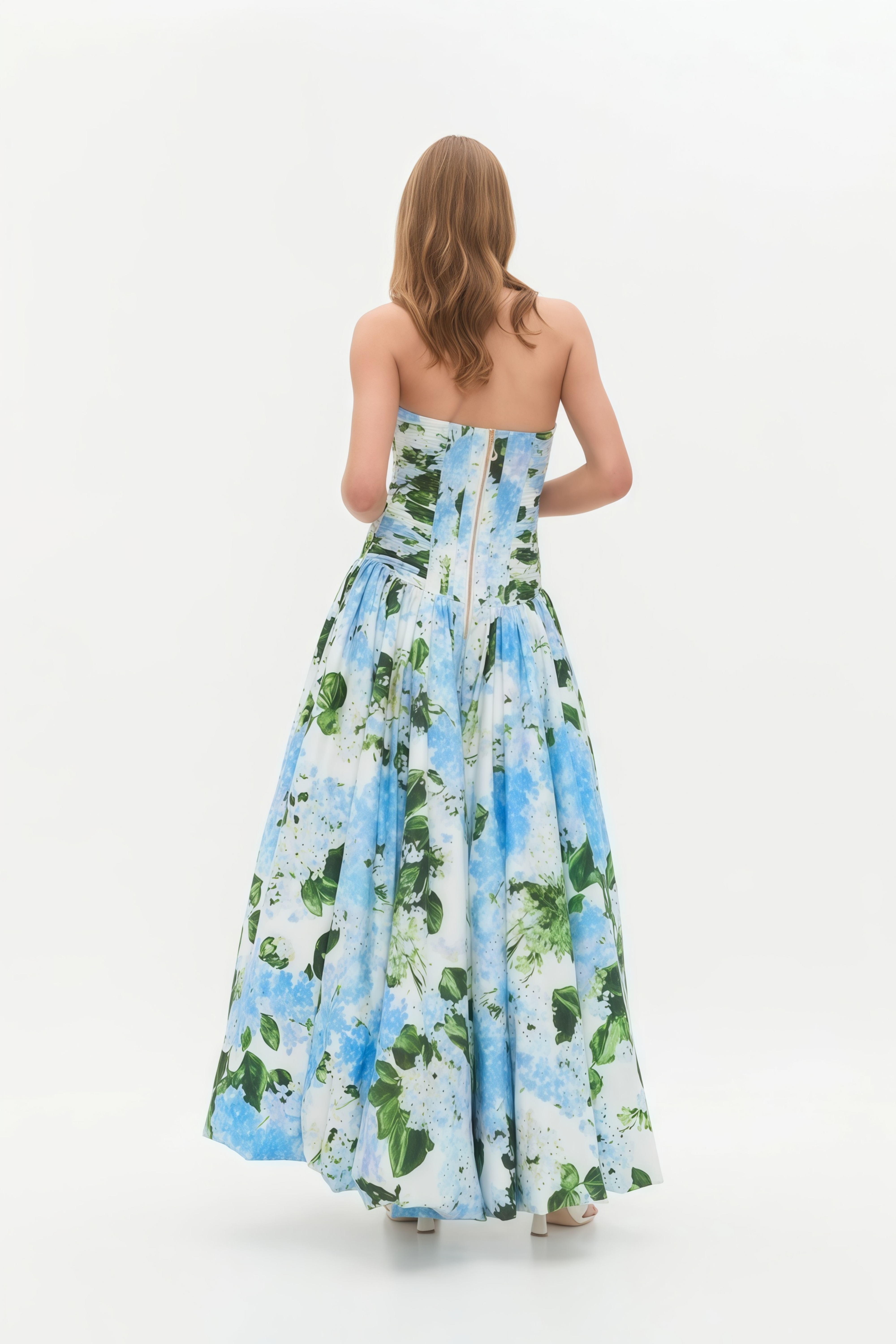 Parastoo Blue Hydrangea Floral Print Pleated Maxi Dress