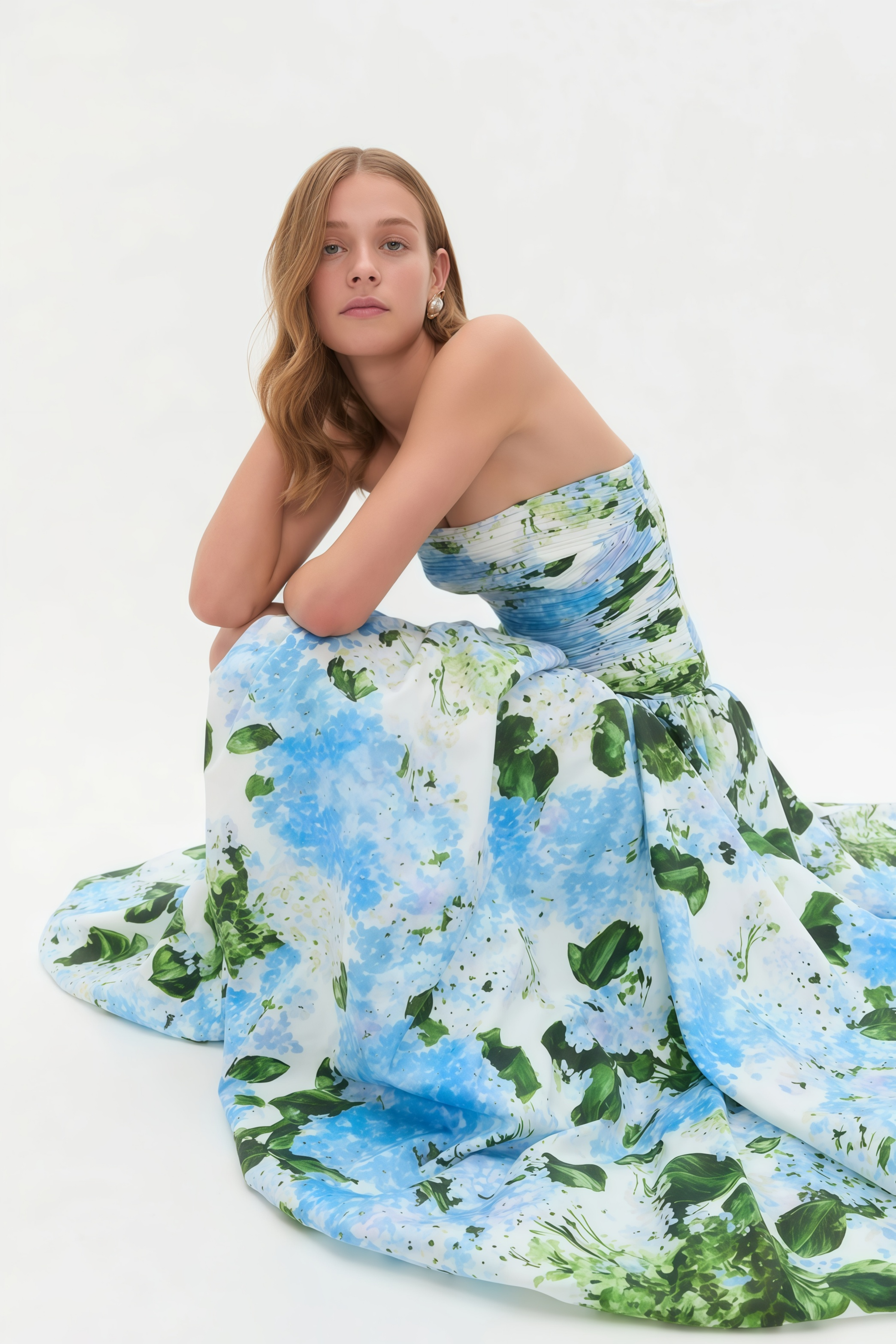 Parastoo Blue Hydrangea Floral Print Pleated Maxi Dress