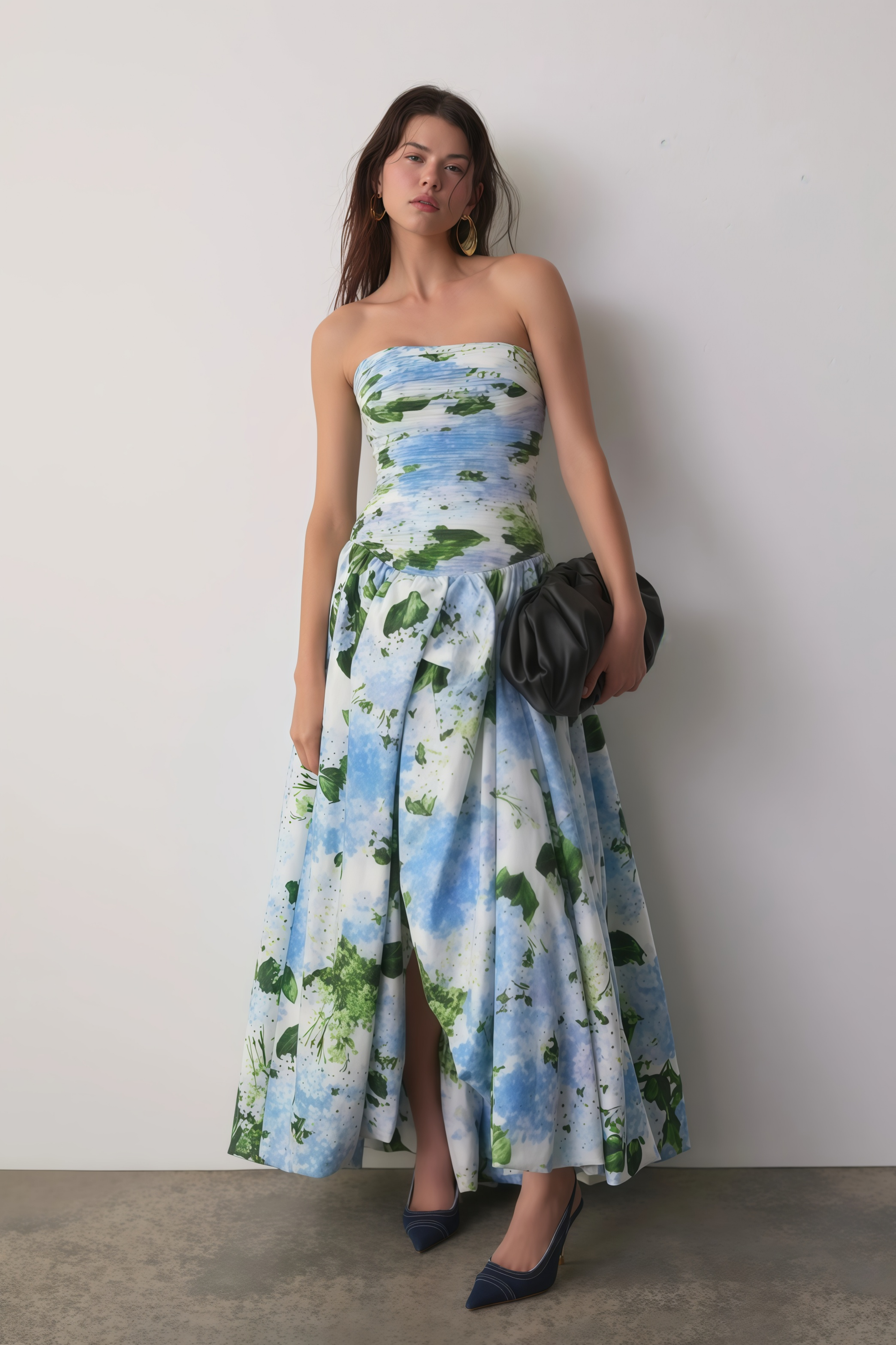 Parastoo Blue Hydrangea Floral Print Pleated Maxi Dress