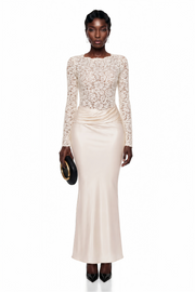 Parvaneh Cream Satin Maxi Dress with Lace Panels