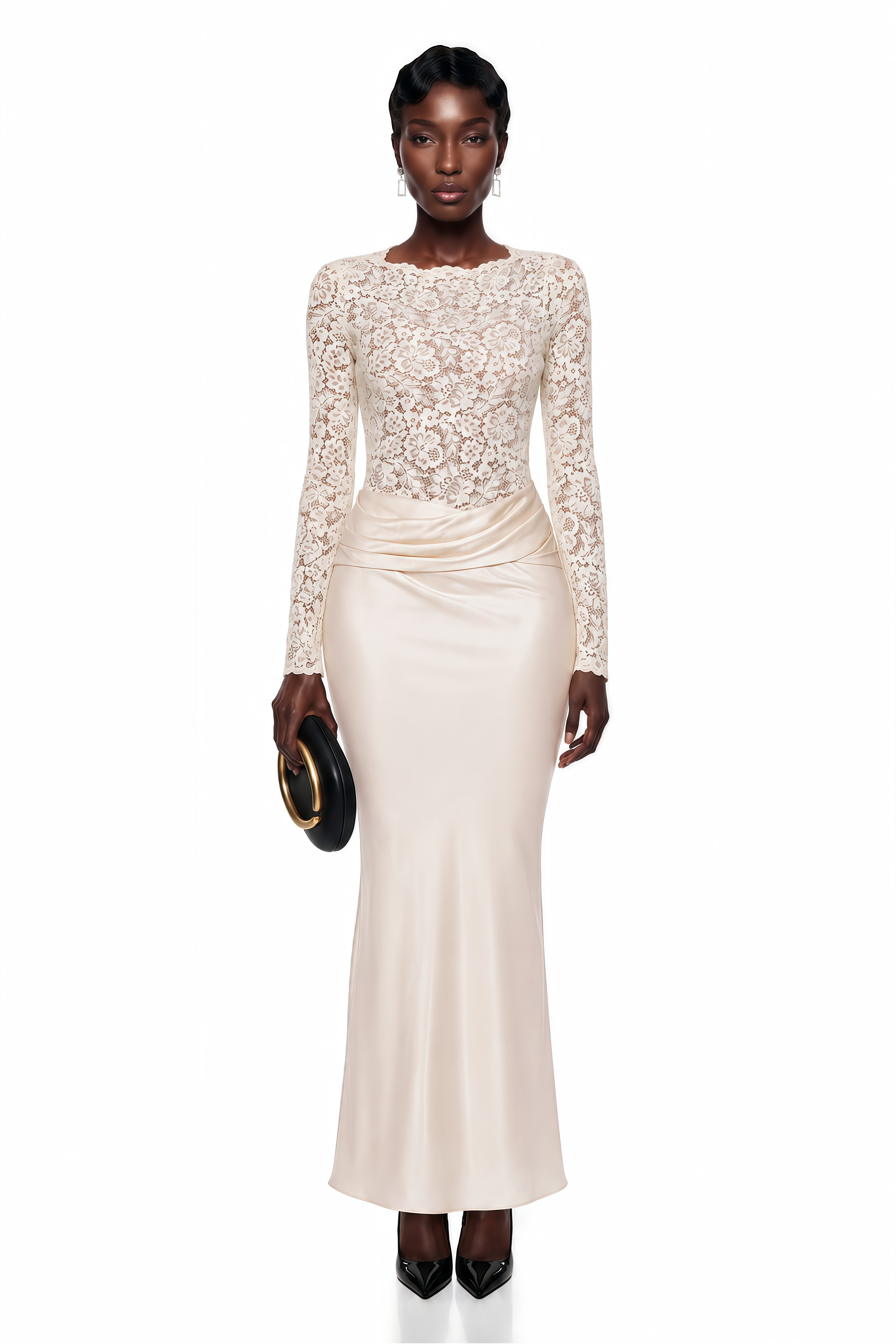 Parvaneh Cream Satin Maxi Dress with Lace Panels