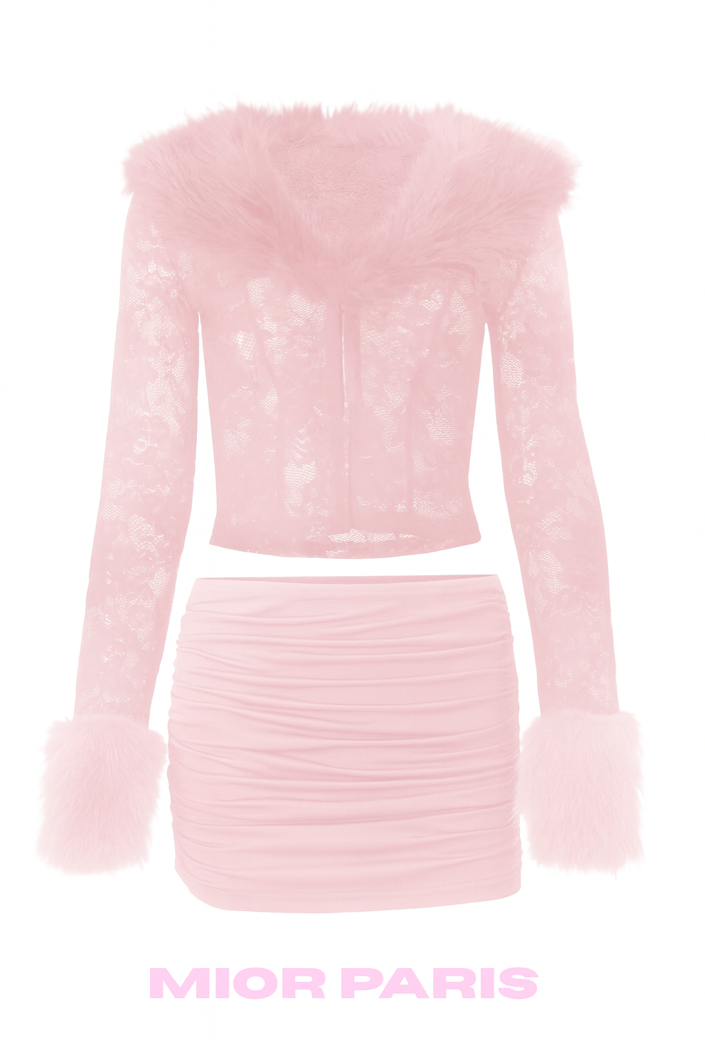 CELIA Faux Fur-Trim Lace Cardigan and skirt set  in Blush  Pink