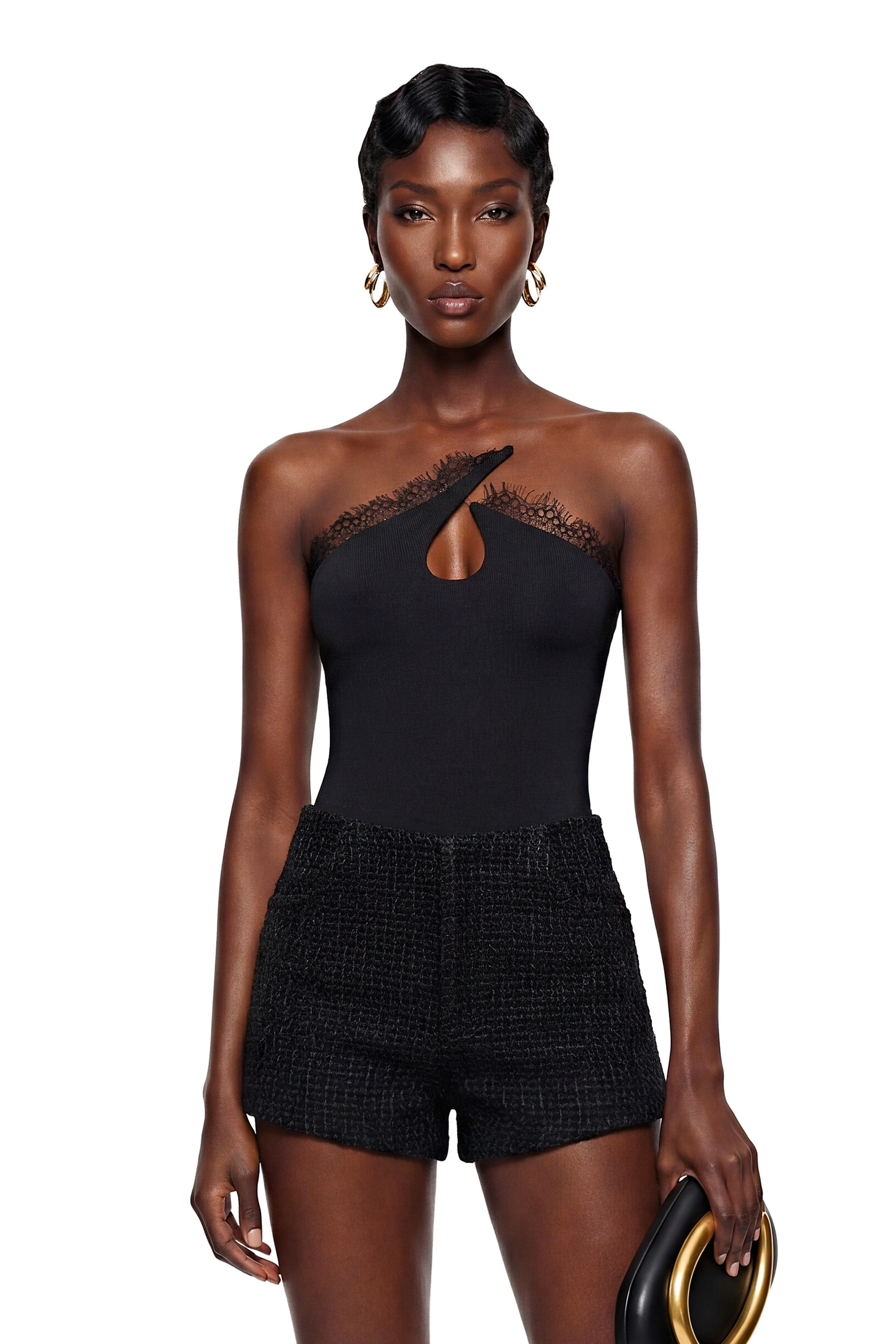 Paula Black Lace Trim Asymmetrical Bodysuit