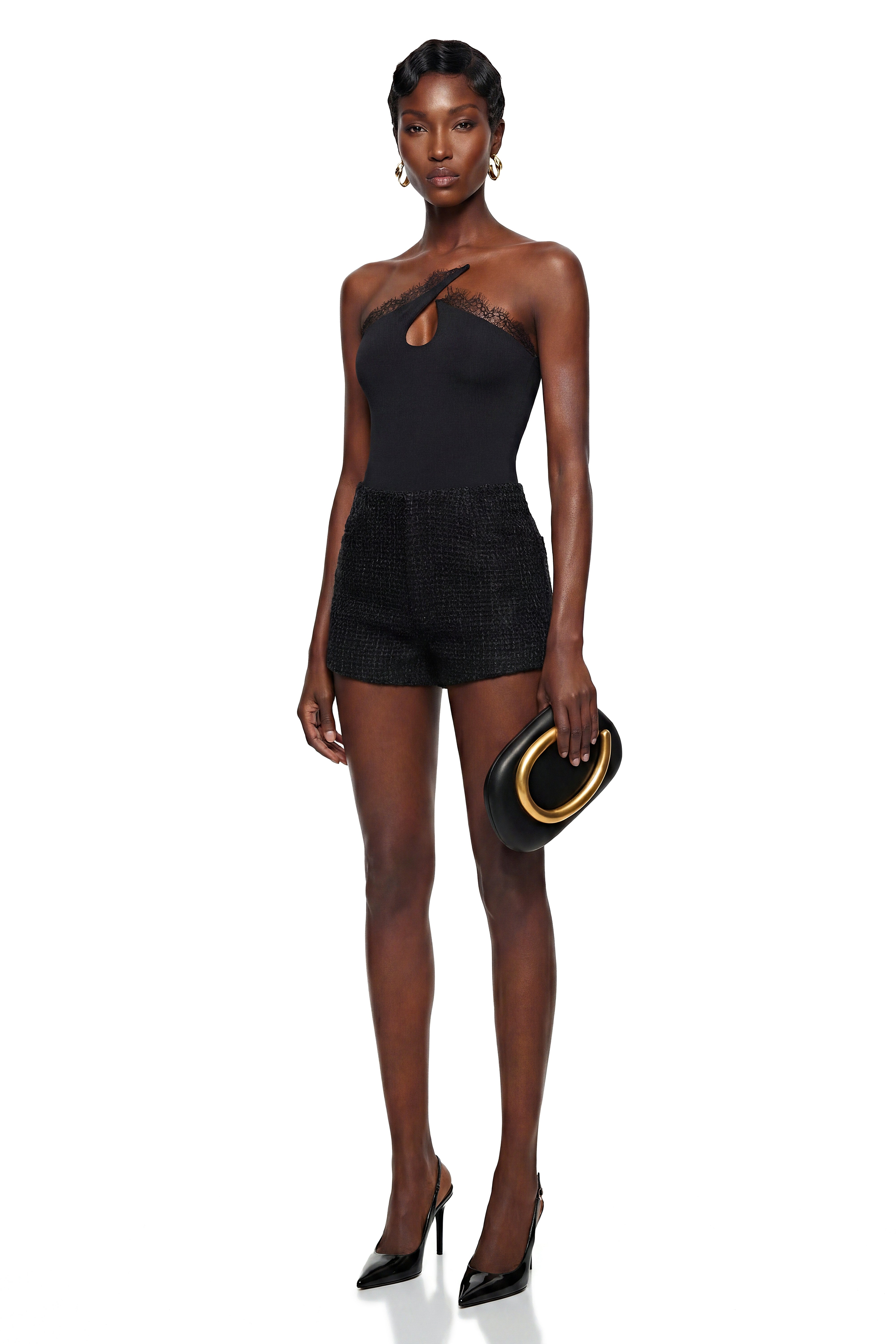 Paula Black Lace Trim Asymmetrical Bodysuit