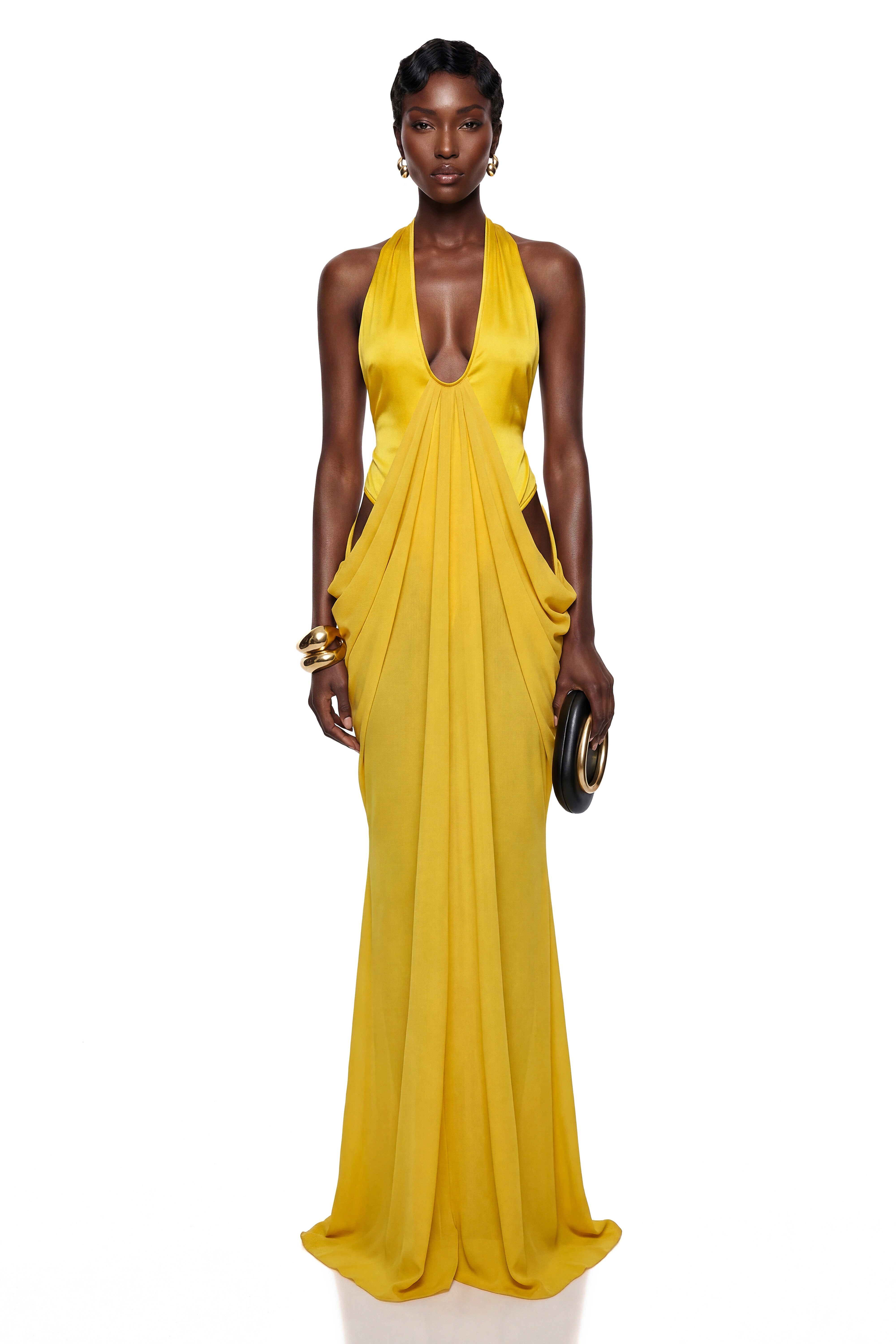 Pele Yellow Cut-Out Ruched Maxi Dress