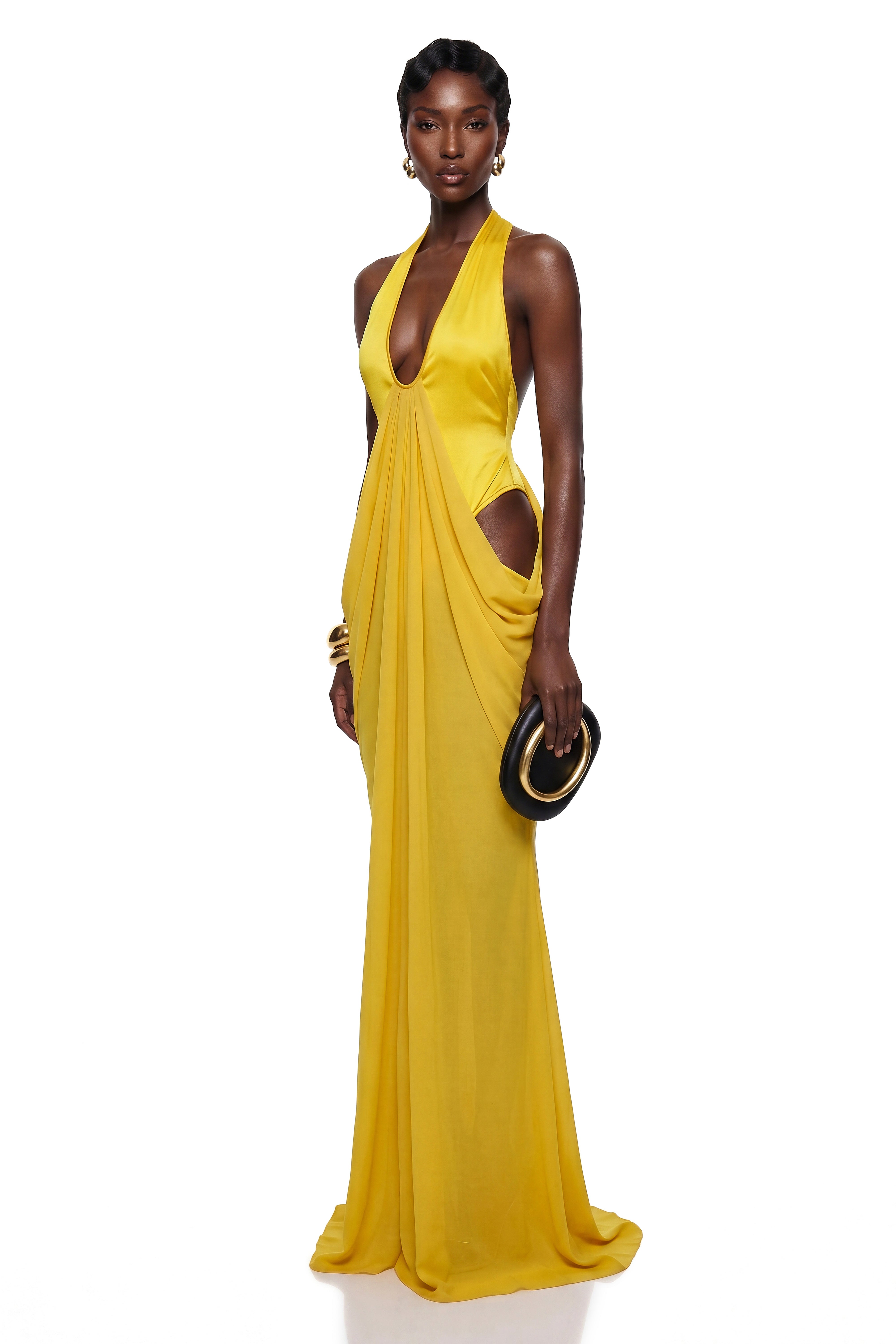 Pele Yellow Cut-Out Ruched Maxi Dress
