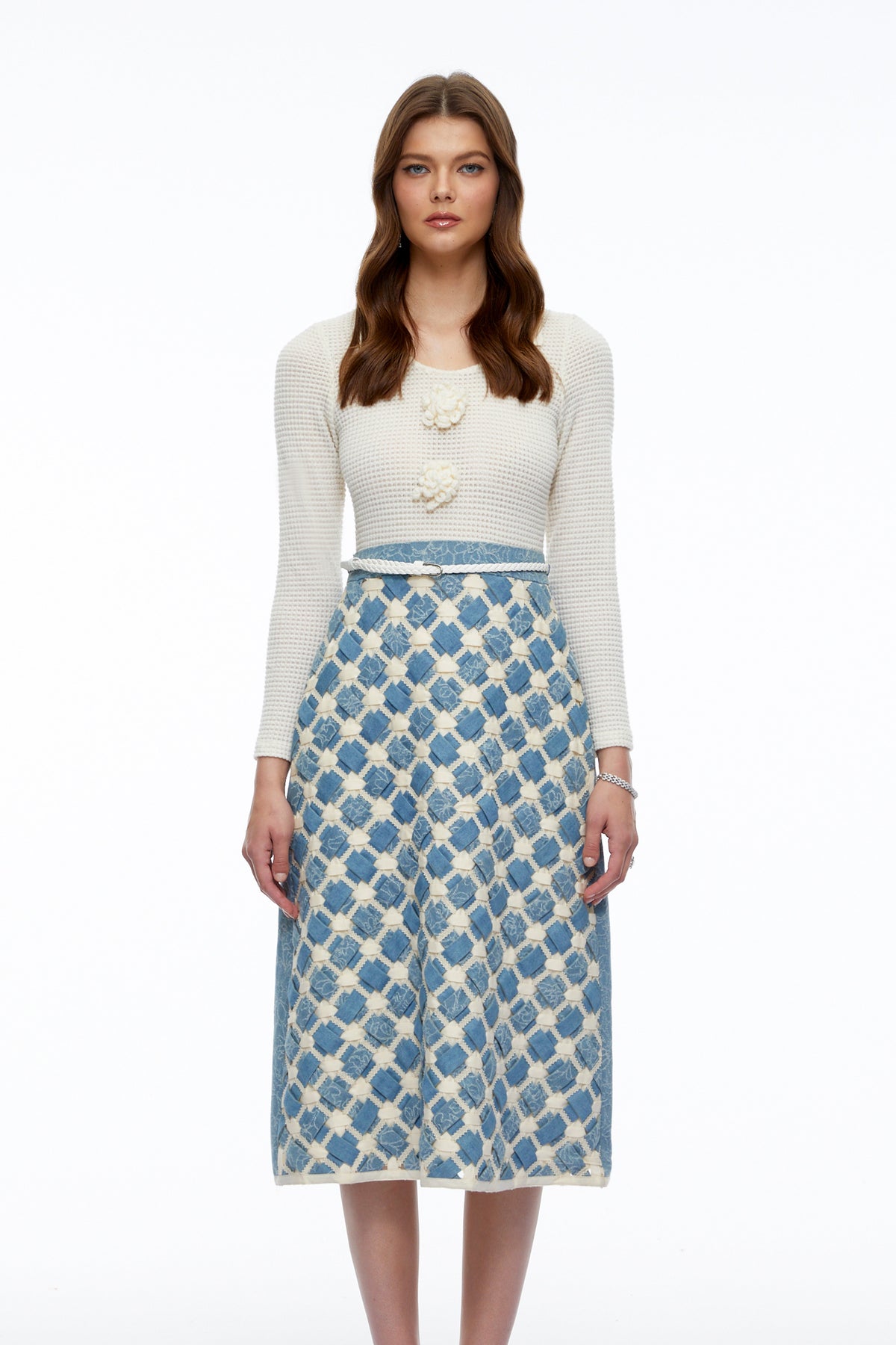 penelope blue knit midi dress with 3d florals