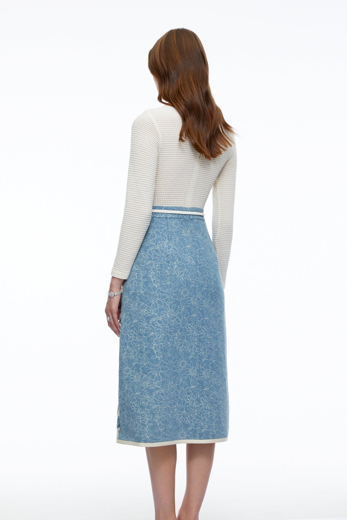 penelope blue knit midi dress with 3d florals