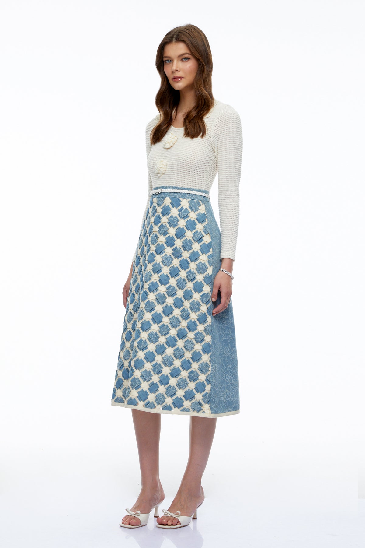 penelope blue knit midi dress with 3d florals