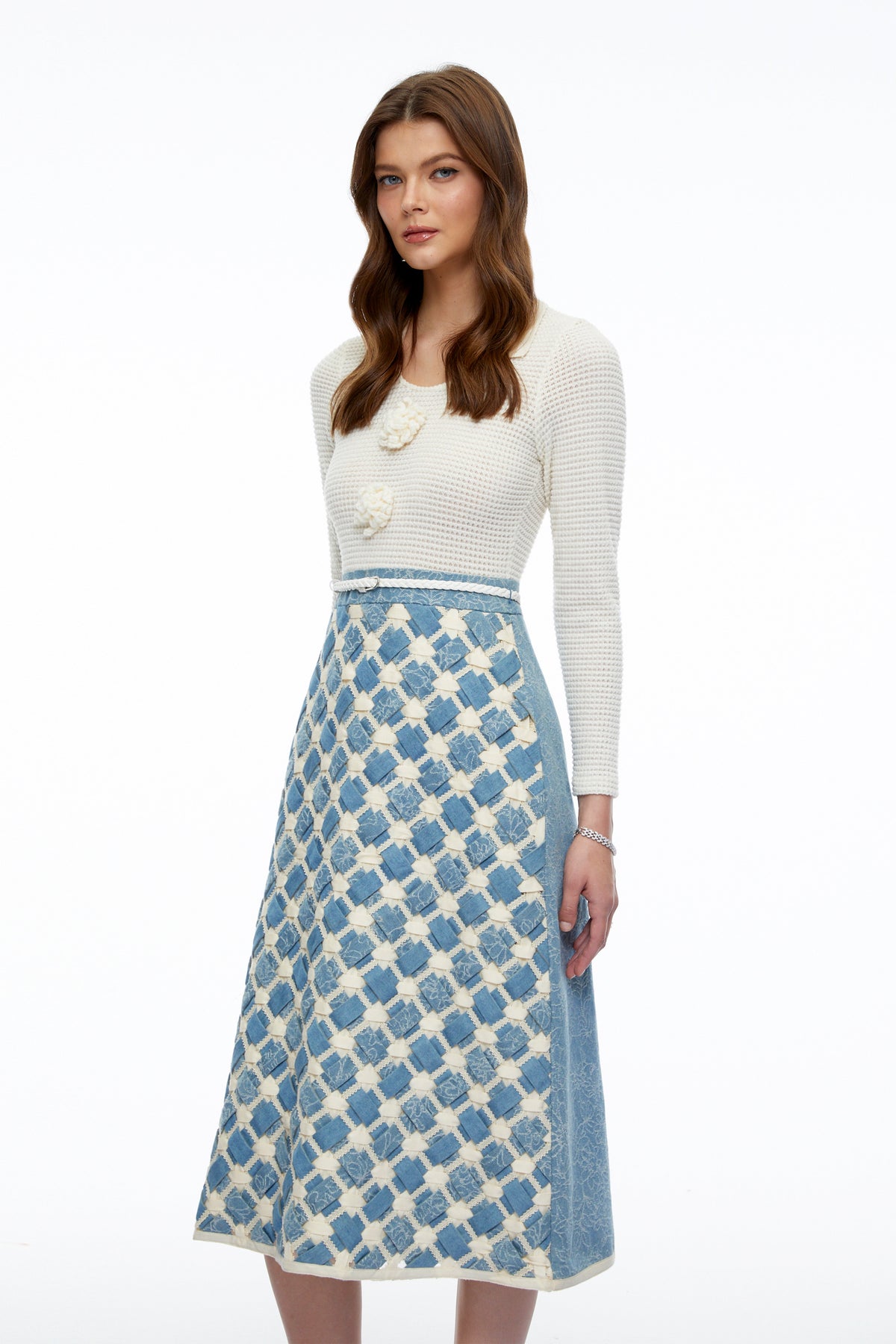 penelope blue knit midi dress with 3d florals