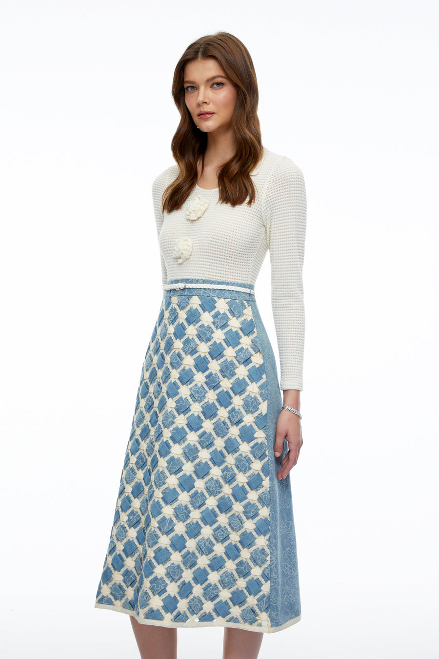 penelope blue knit midi dress with 3d florals