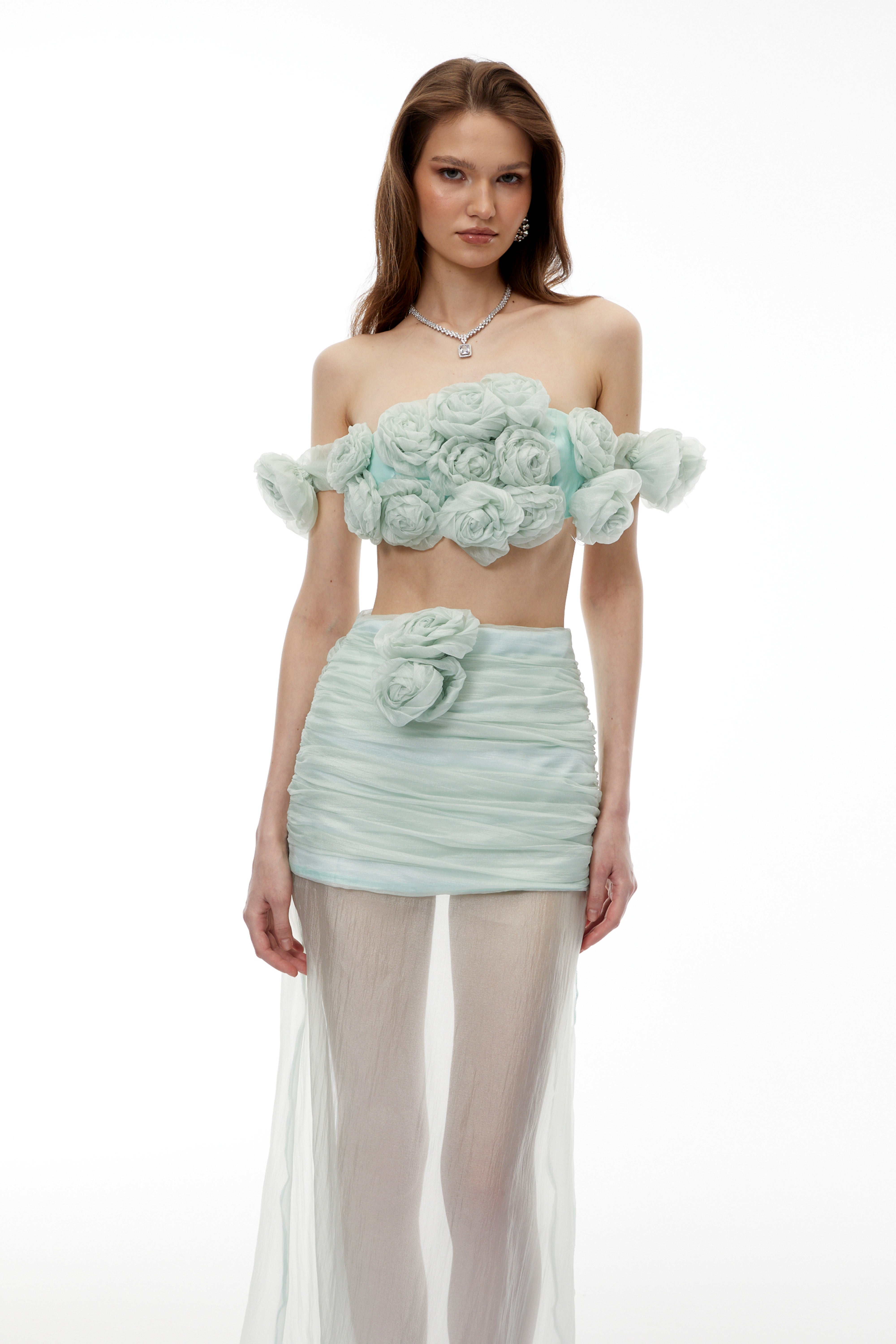 Penelope Green Tulle Top & Skirt Set with 3D Florals