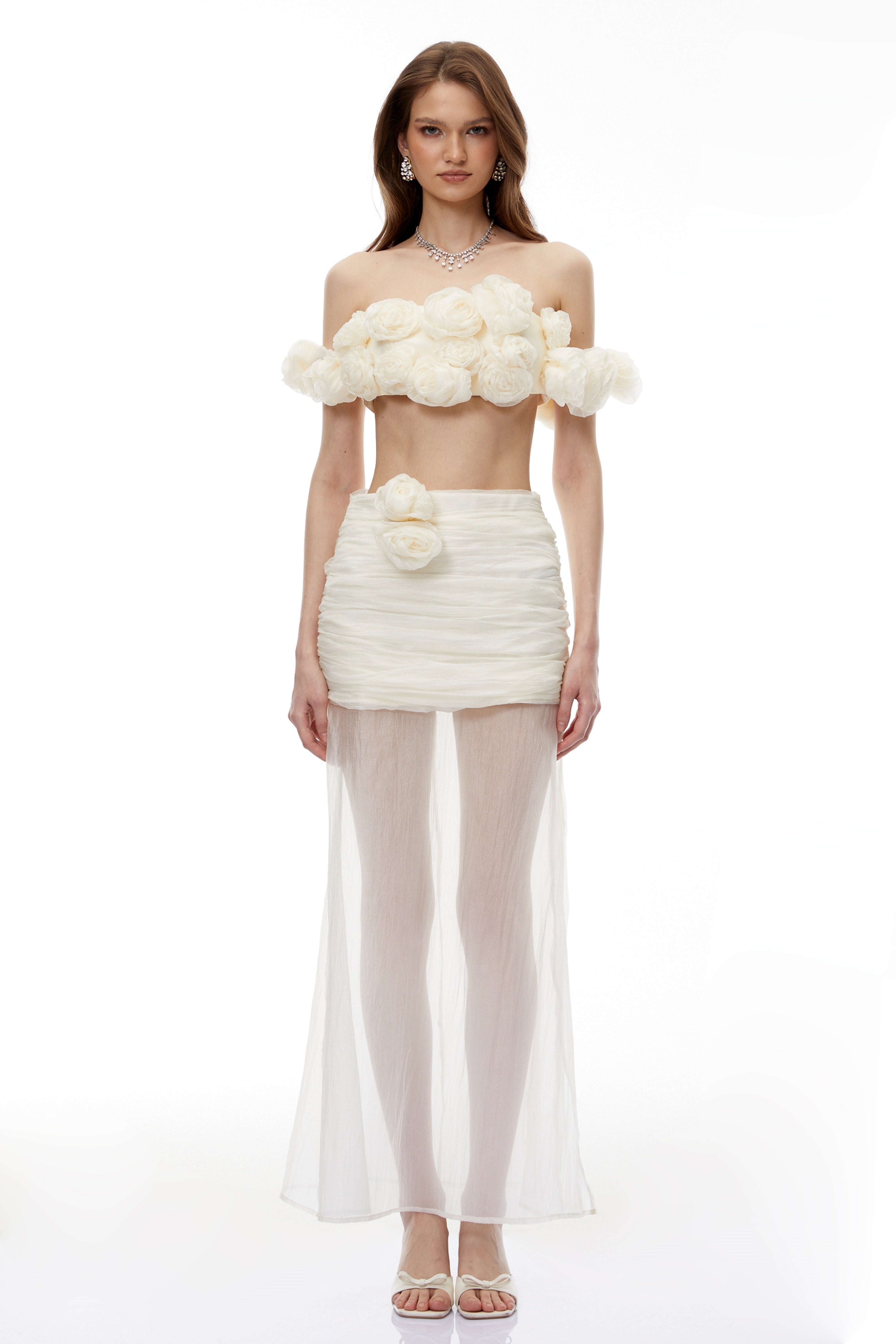 Penelope White Tulle Top & Skirt Set with 3D Florals