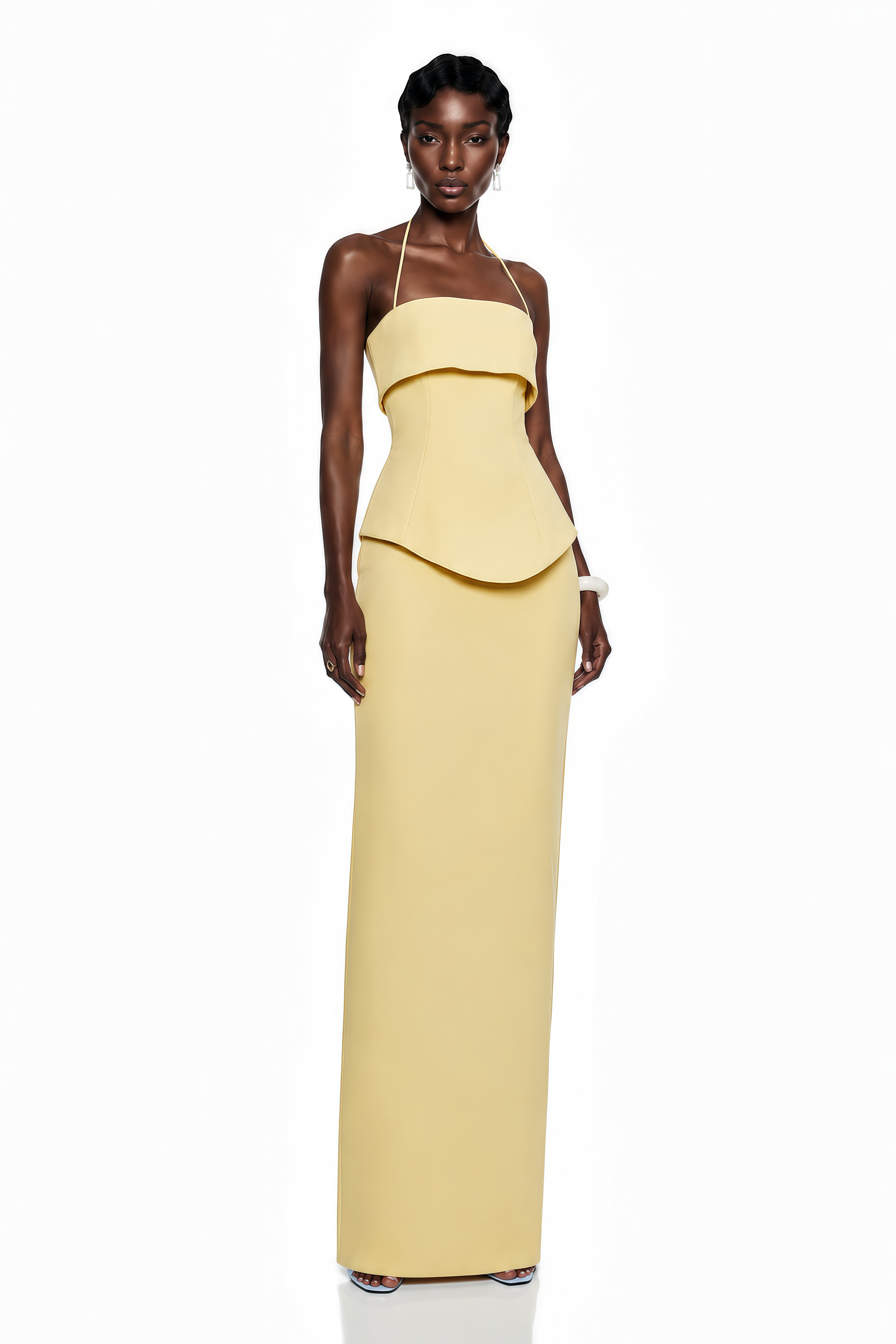 Penelope Yellow Halterneck Peplum Top & Skirt Set