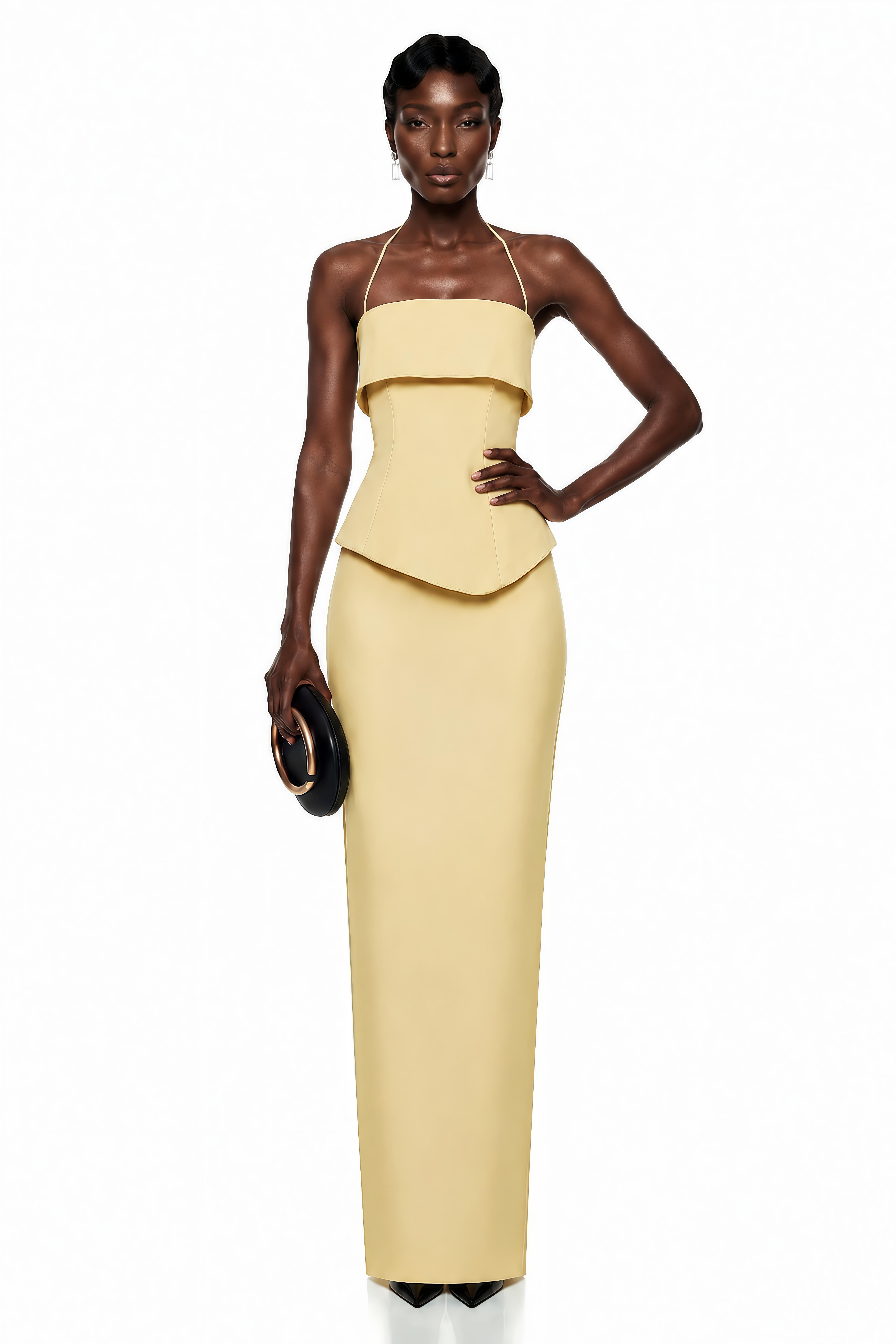 Penelope Yellow Halterneck Peplum Top & Skirt Set