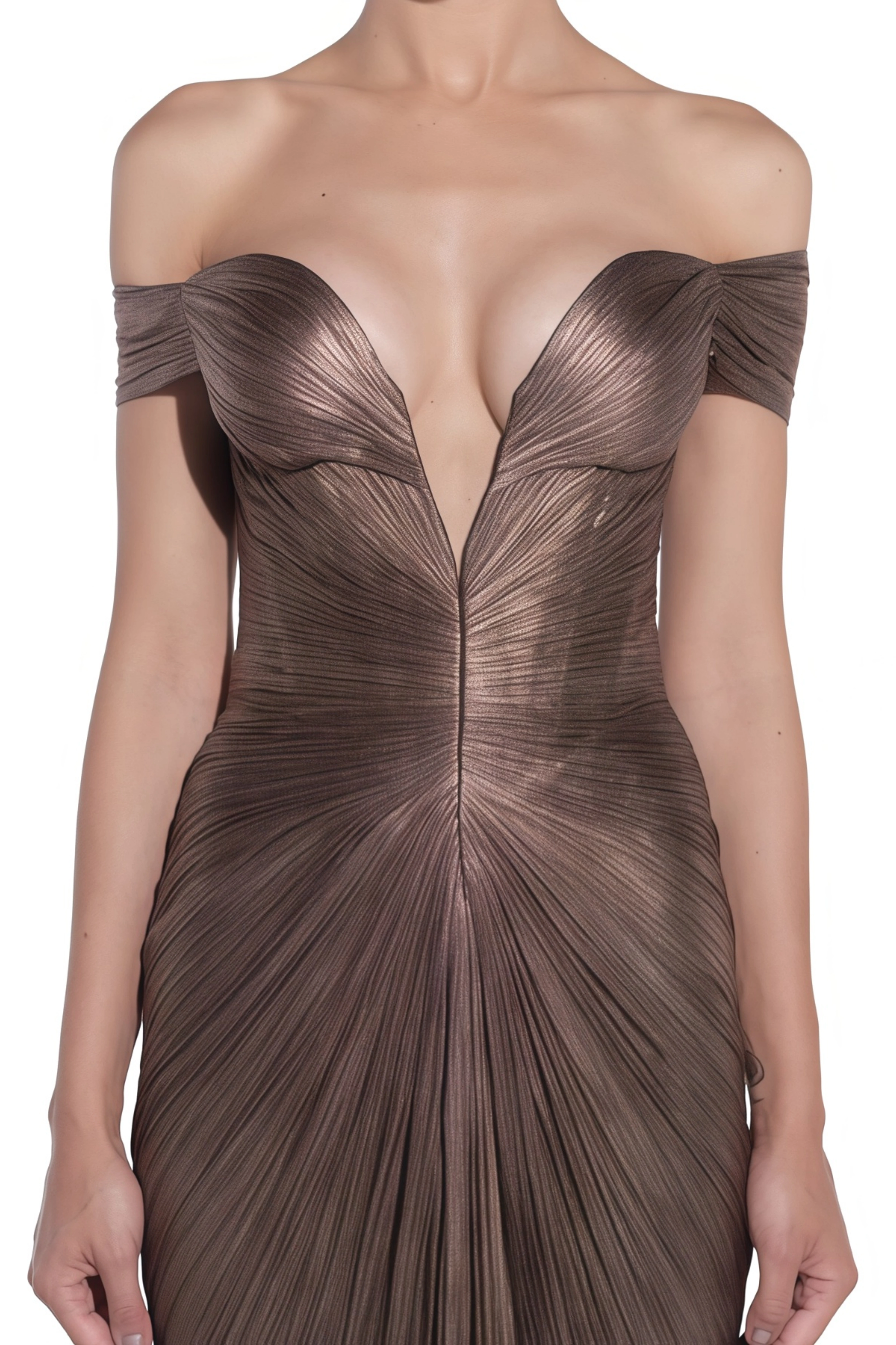 Pérola Bronze Gold Metallic Off Shoulder Maxi Dress