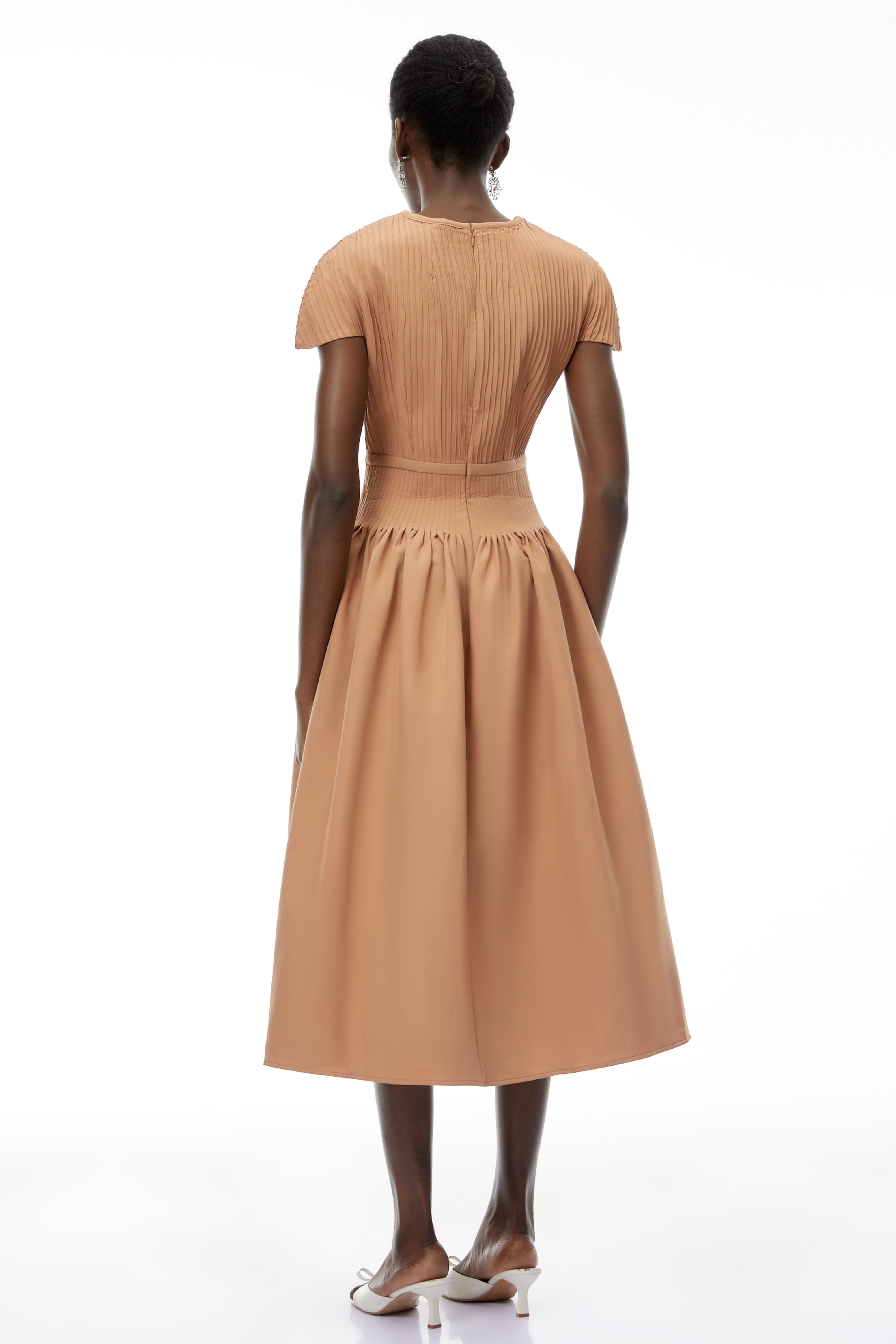 Phoebe Khaki Pleated Midi Dress with V-Neck