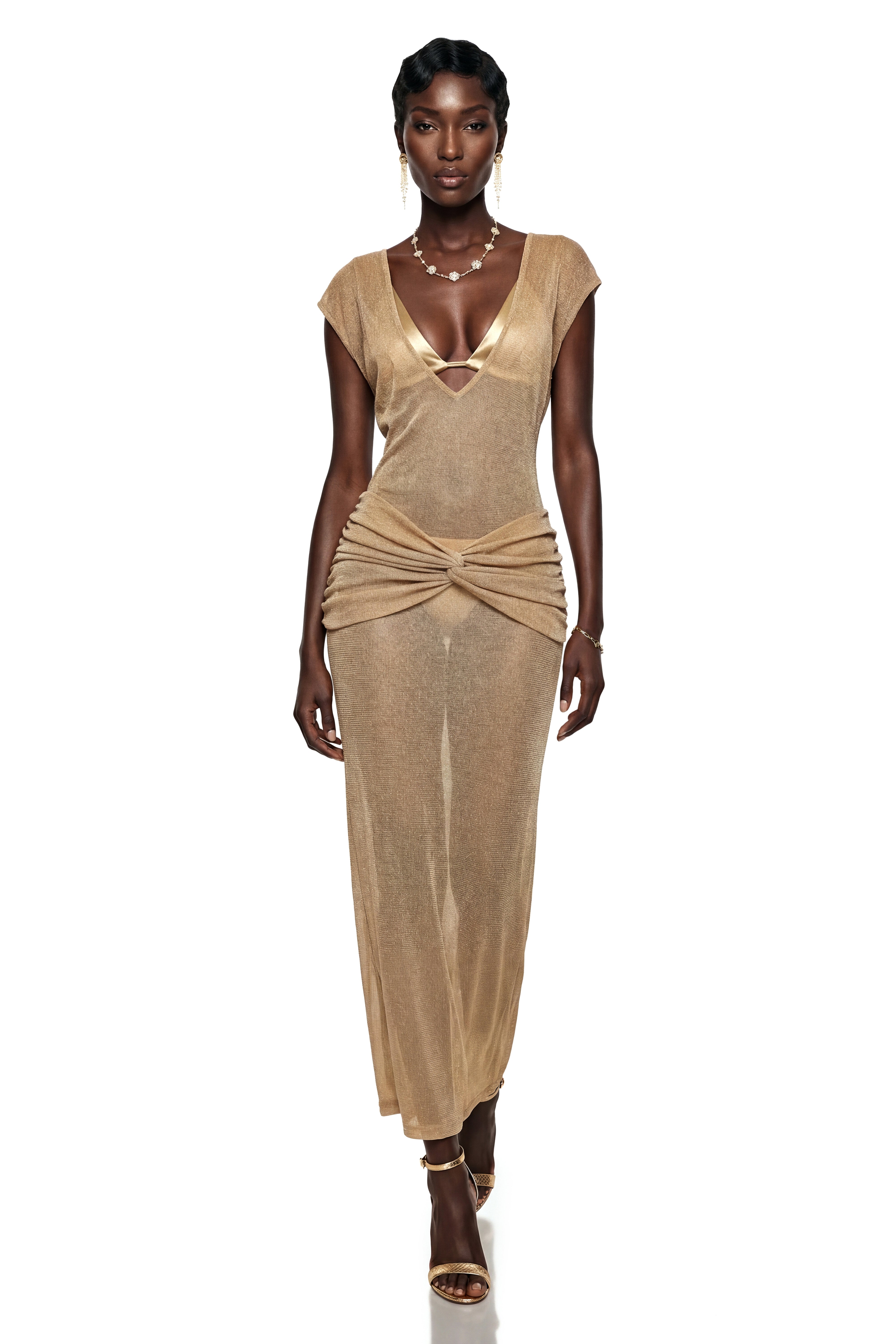 Pihla Gold Plunge Neck Glitter Maxi Dress