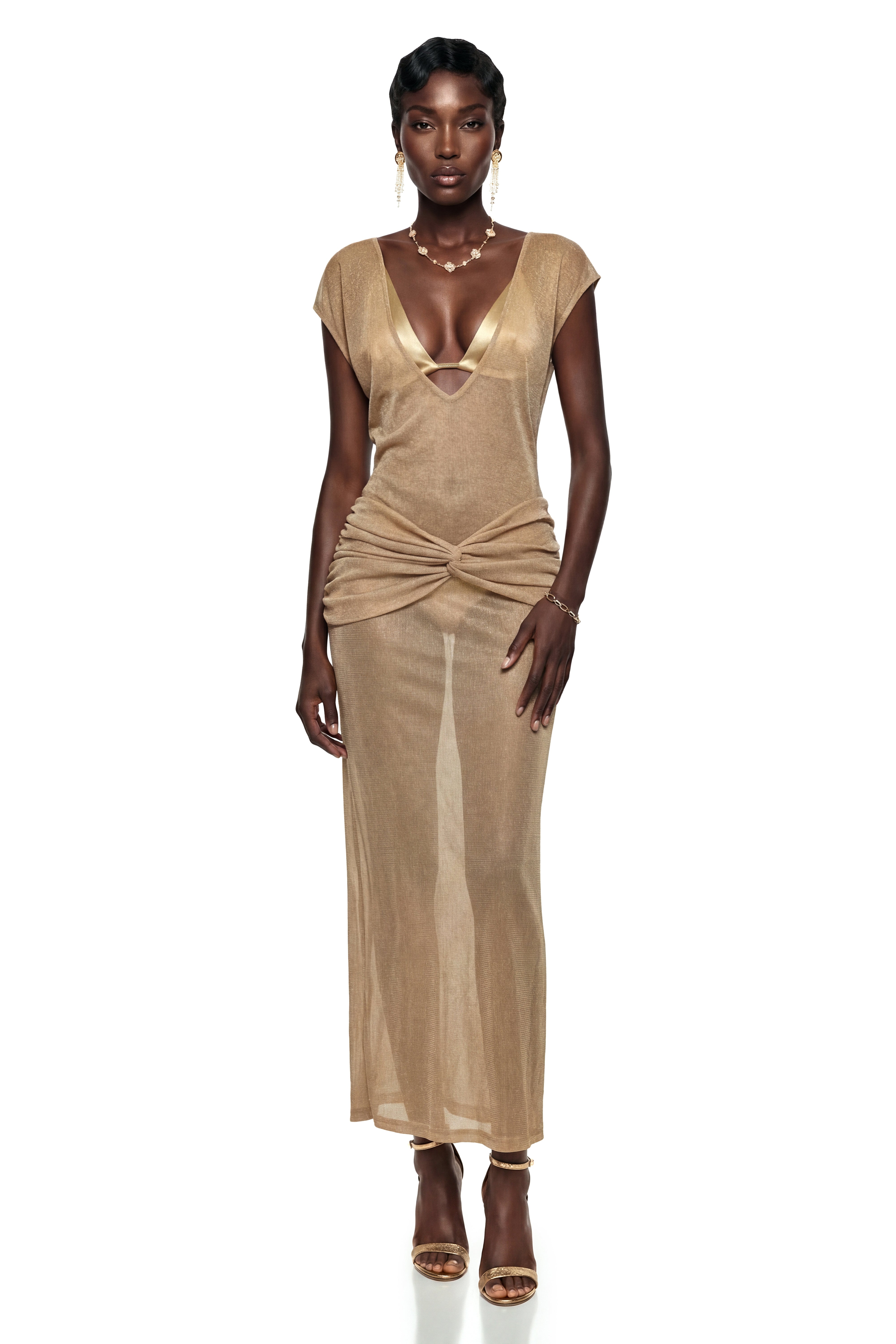 Pihla Gold Plunge Neck Glitter Maxi Dress