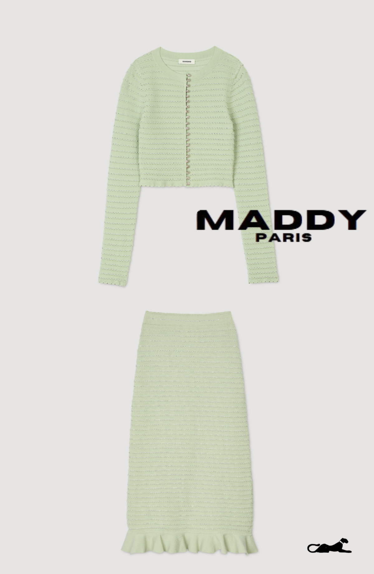 SANDRO SERAPHINA RHINESTONE FANCY KNIT CARDIGAN & MAXI SKIRT SET –  MINT GREEN