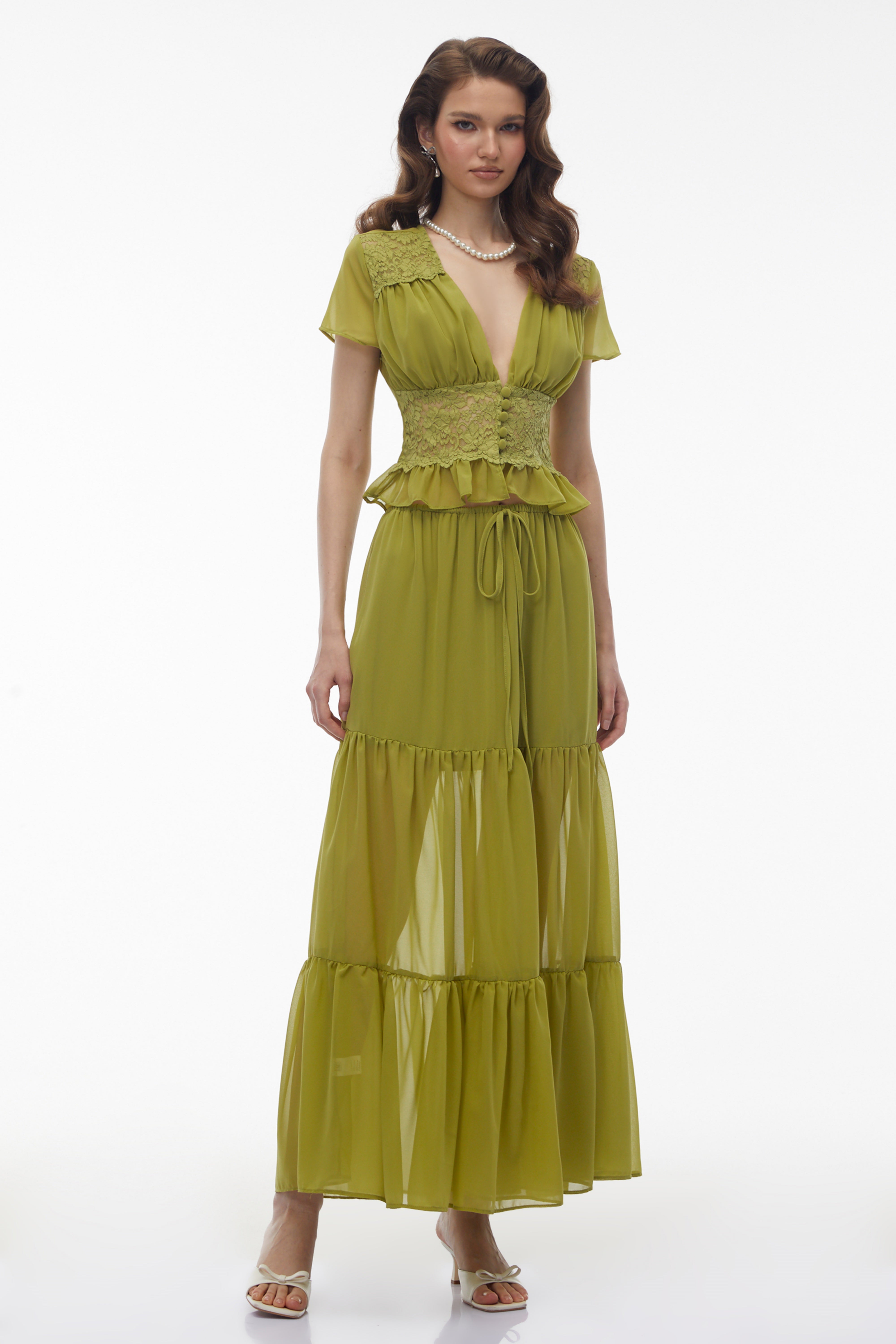 Pleiade Green Floral Lace Chiffon Top & Skirt Set