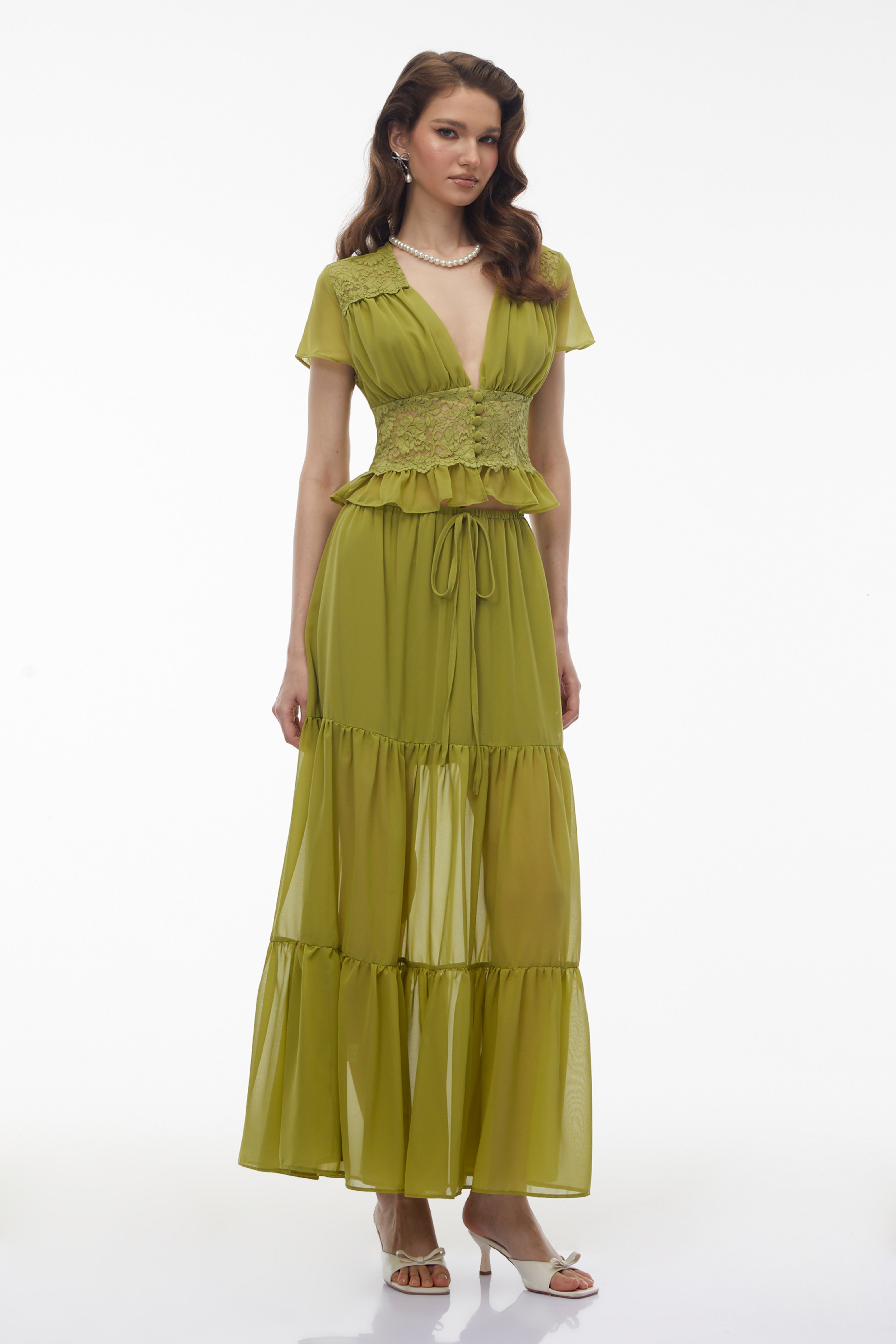Pleiade Green Floral Lace Chiffon Top & Skirt Set