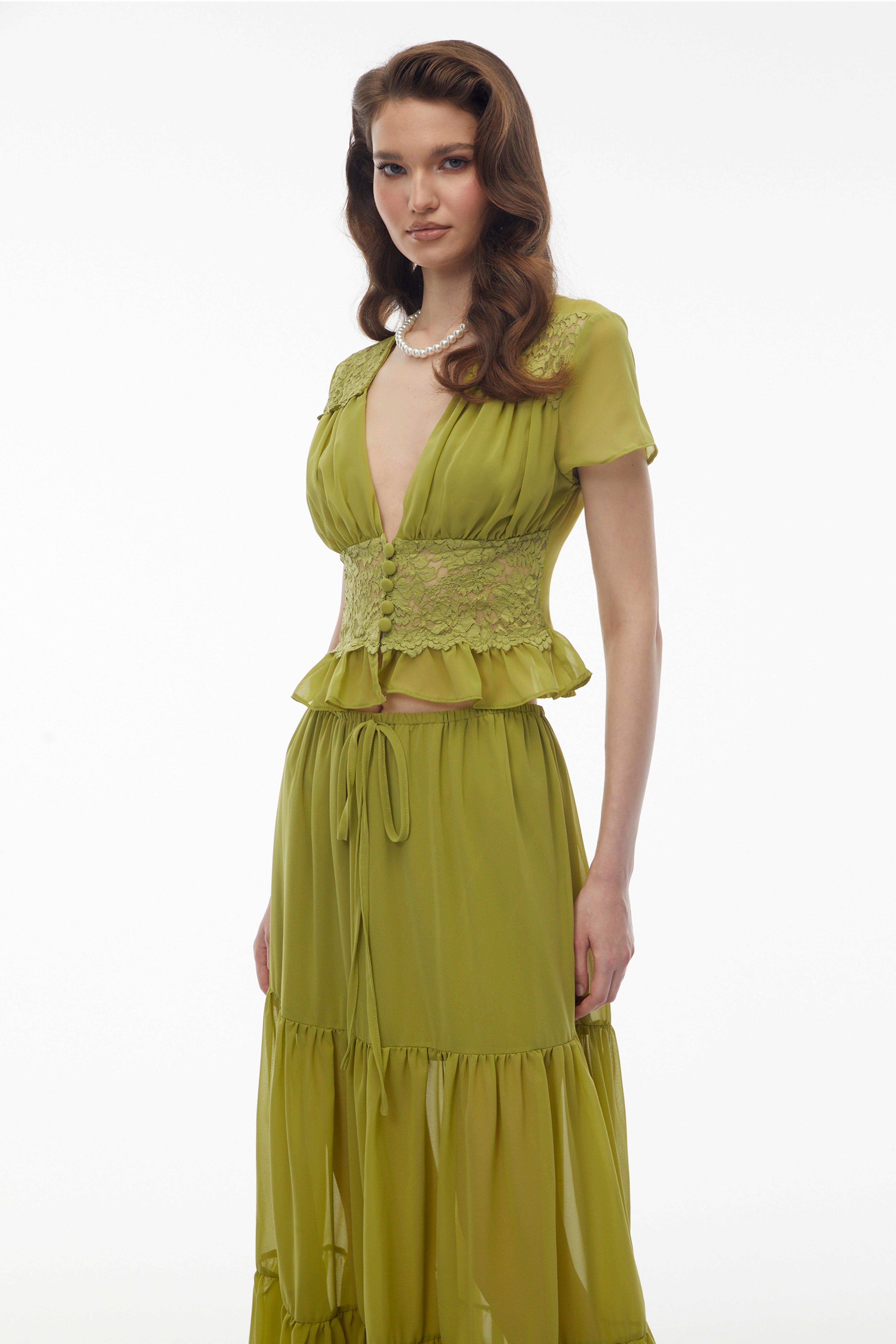 Pleiade Green Floral Lace Chiffon Top & Skirt Set