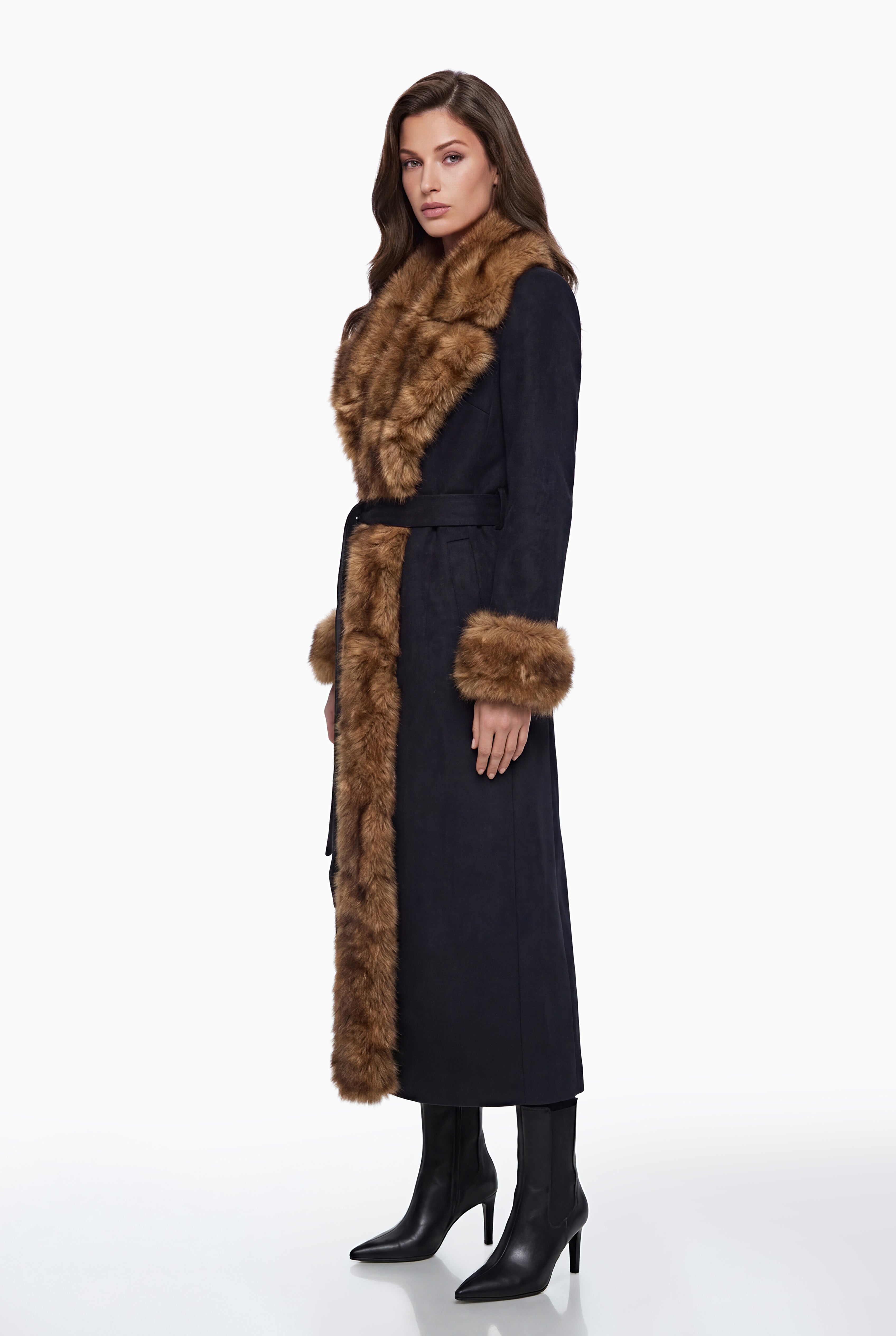 Pola Black Wool Blend Coat with Faux Fur Lapel