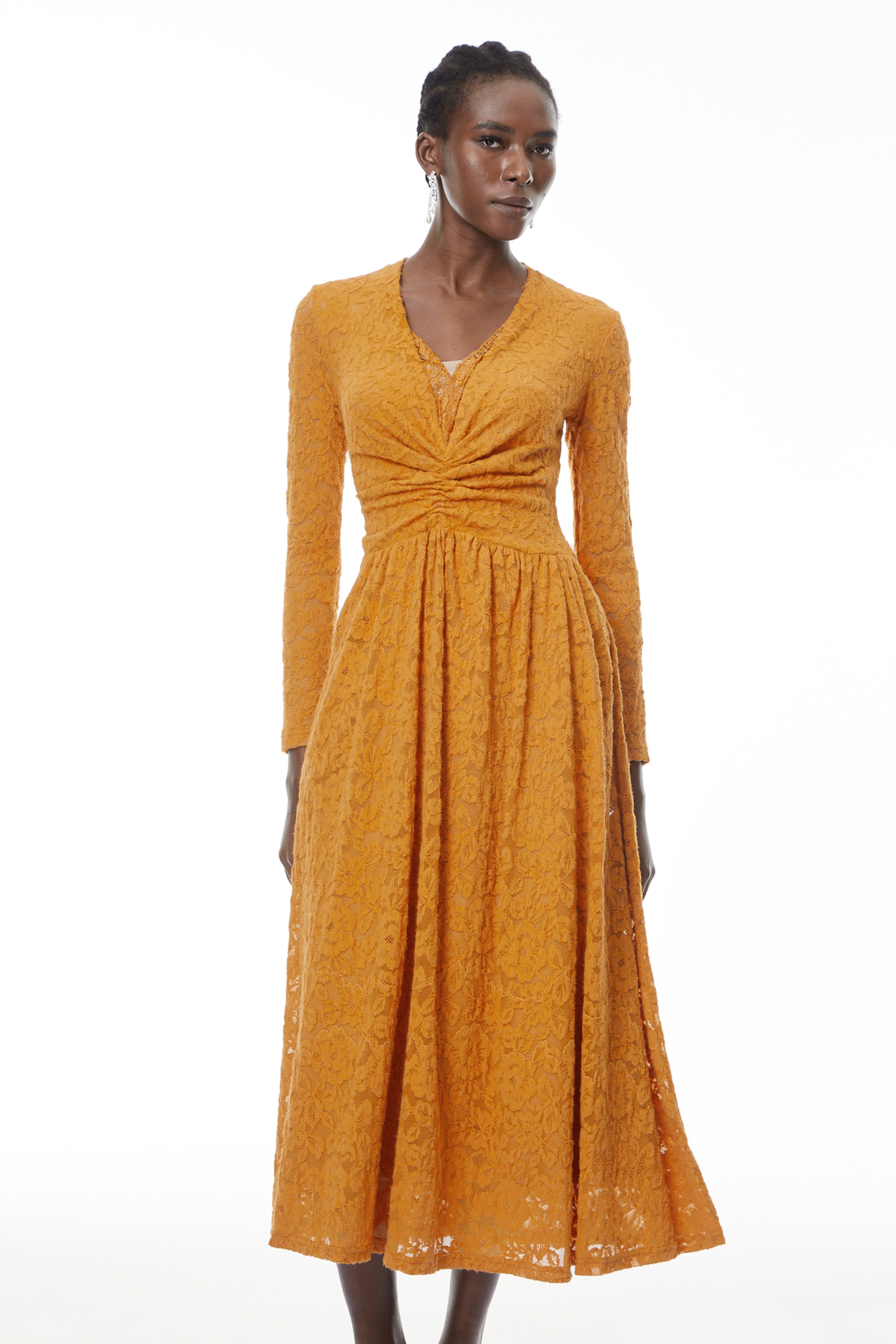 Posie Yellow Floral Lace Ruched Maxi Dress (Final Sale)