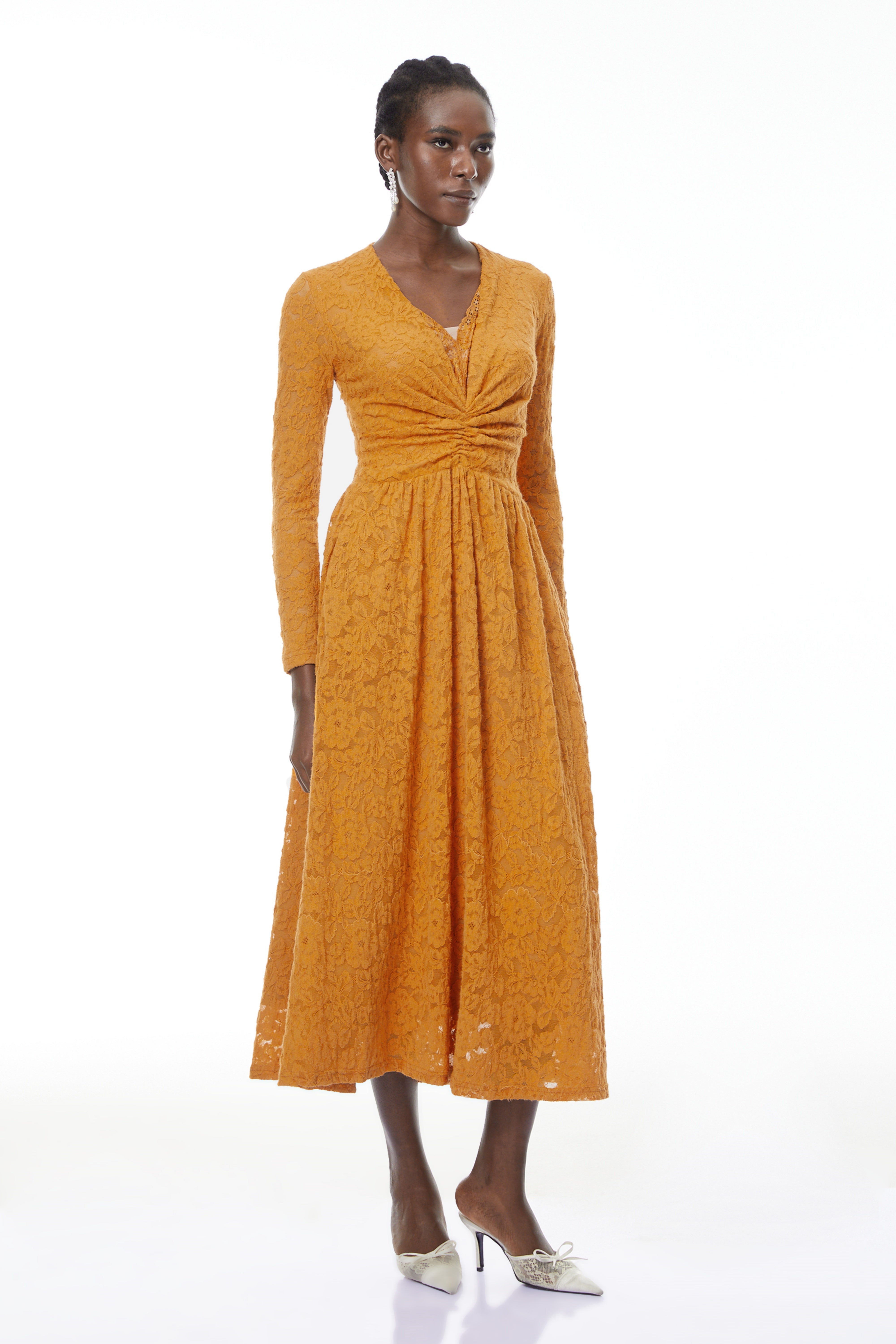 Posie Yellow Floral Lace Ruched Maxi Dress (Final Sale)