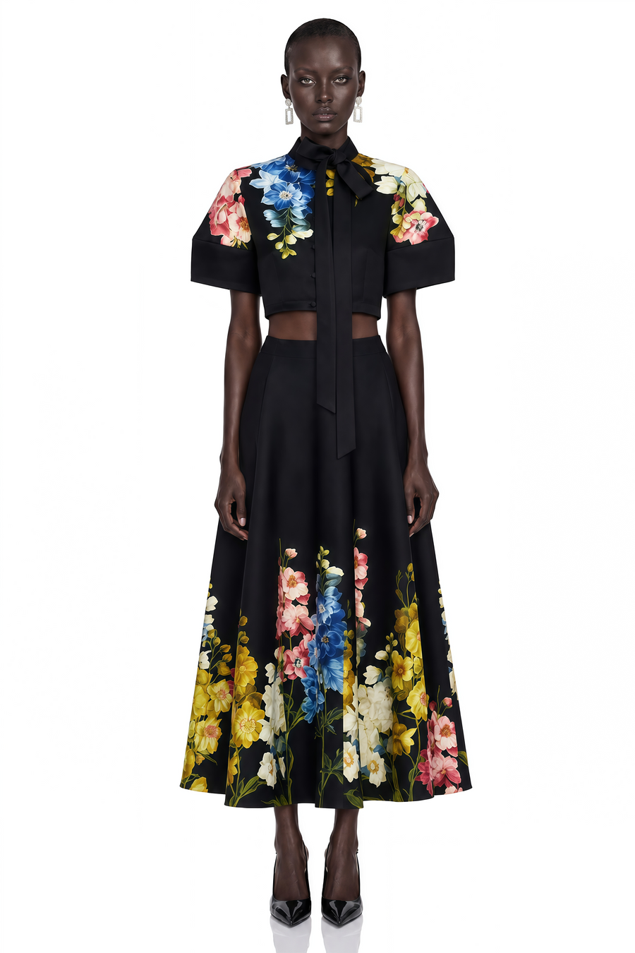 primrose black floral bow neck top & midi skirt set