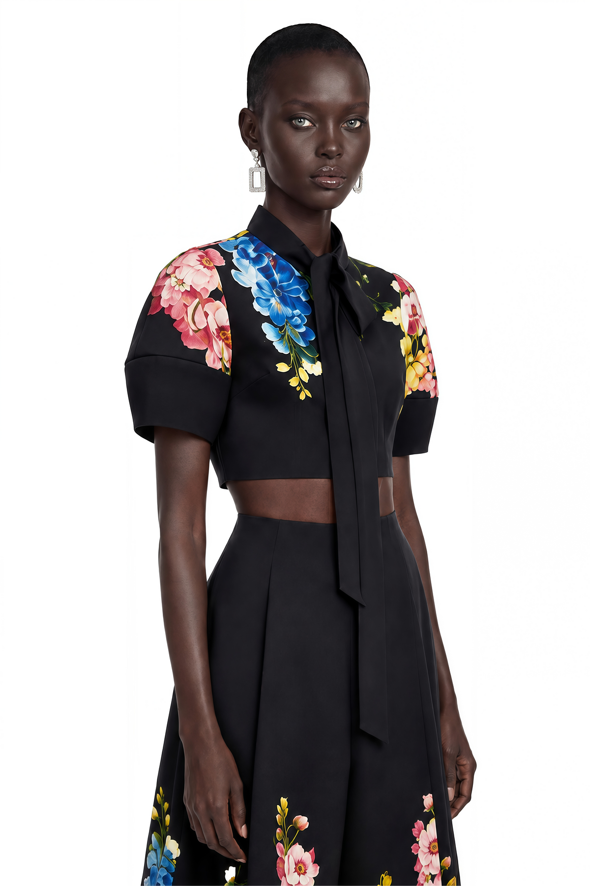 primrose black floral bow neck top & midi skirt set