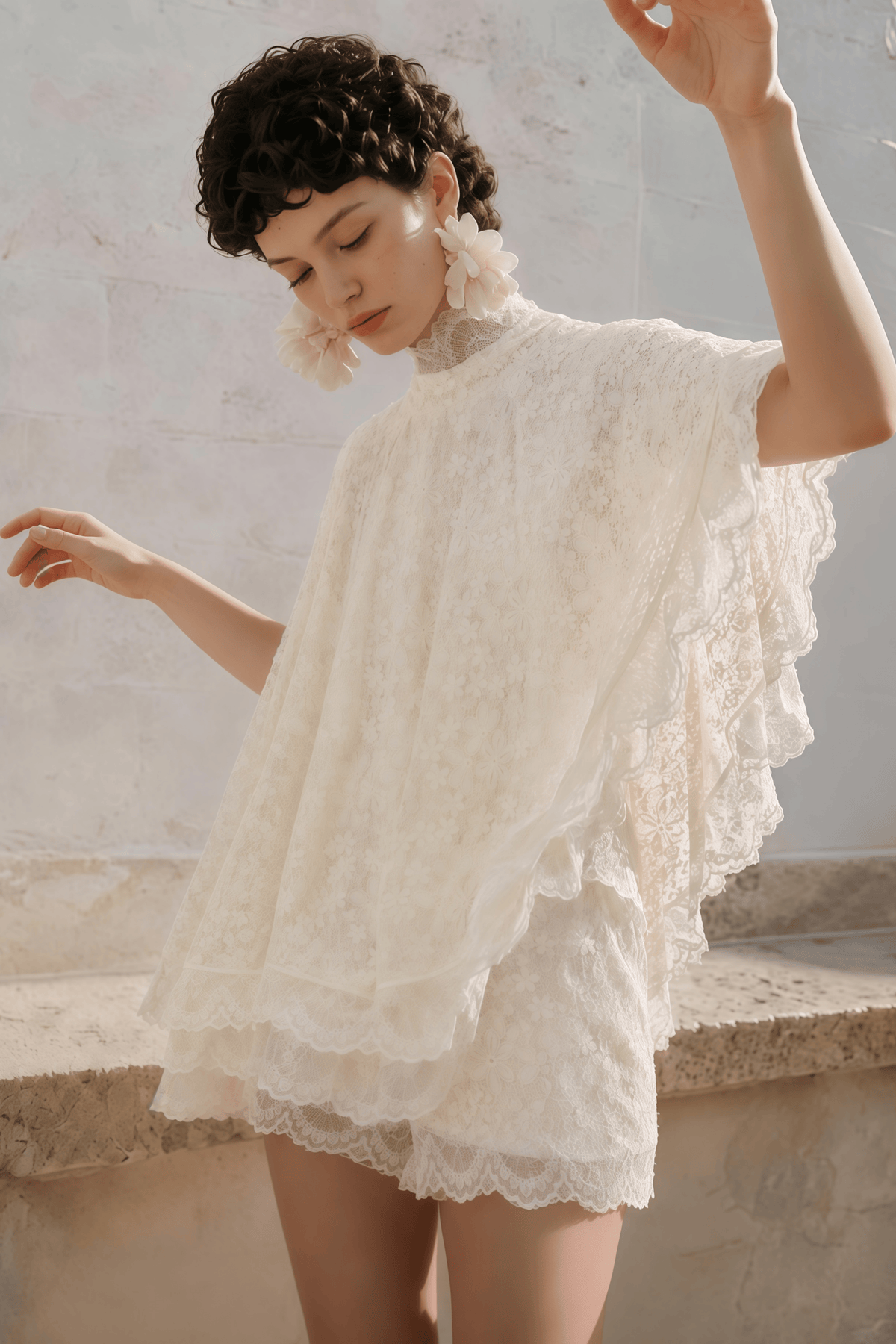priscilla white turtleneck lace top & shorts set