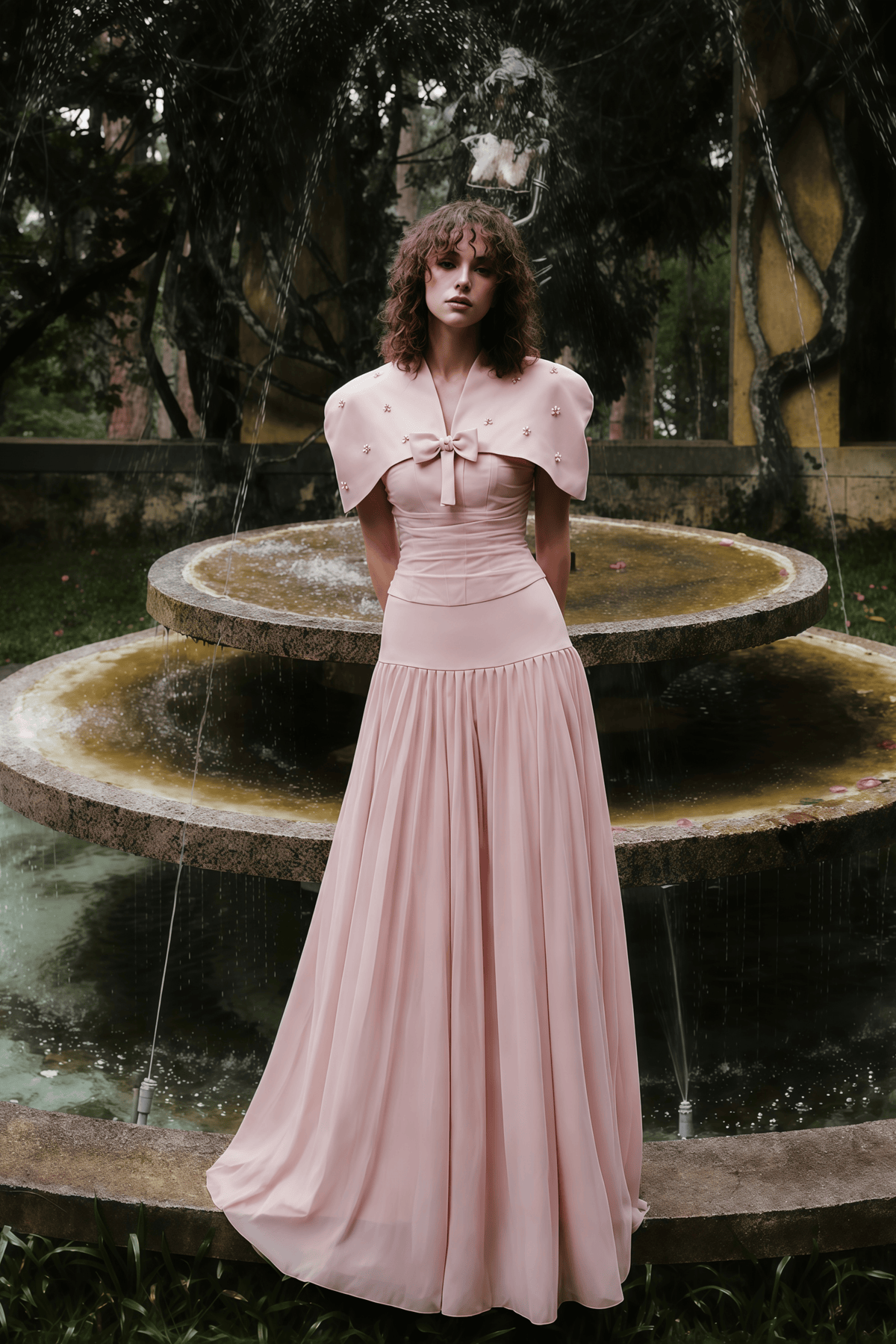 priscille pink shawl & corset top & pleated skirt set
