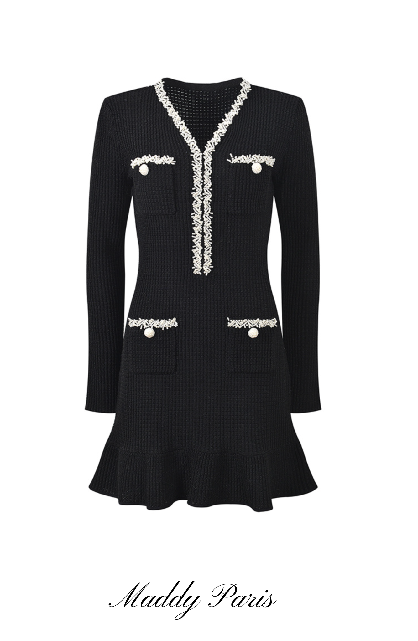 Black Pearl Trim Knit Mini Dress