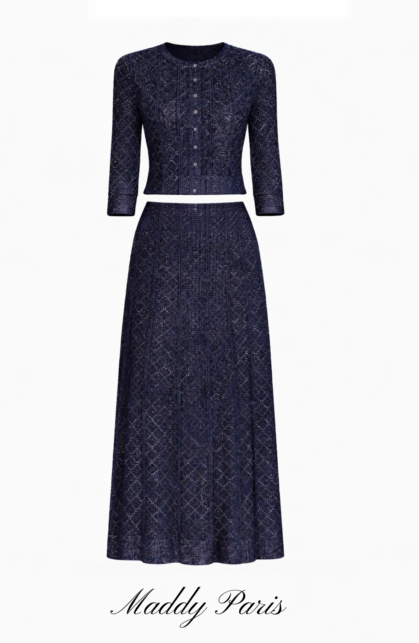 Sandro Strass Knit Cropped Cardigan & Rhinestone Knit Maxi Skirt Set - Dark Blue