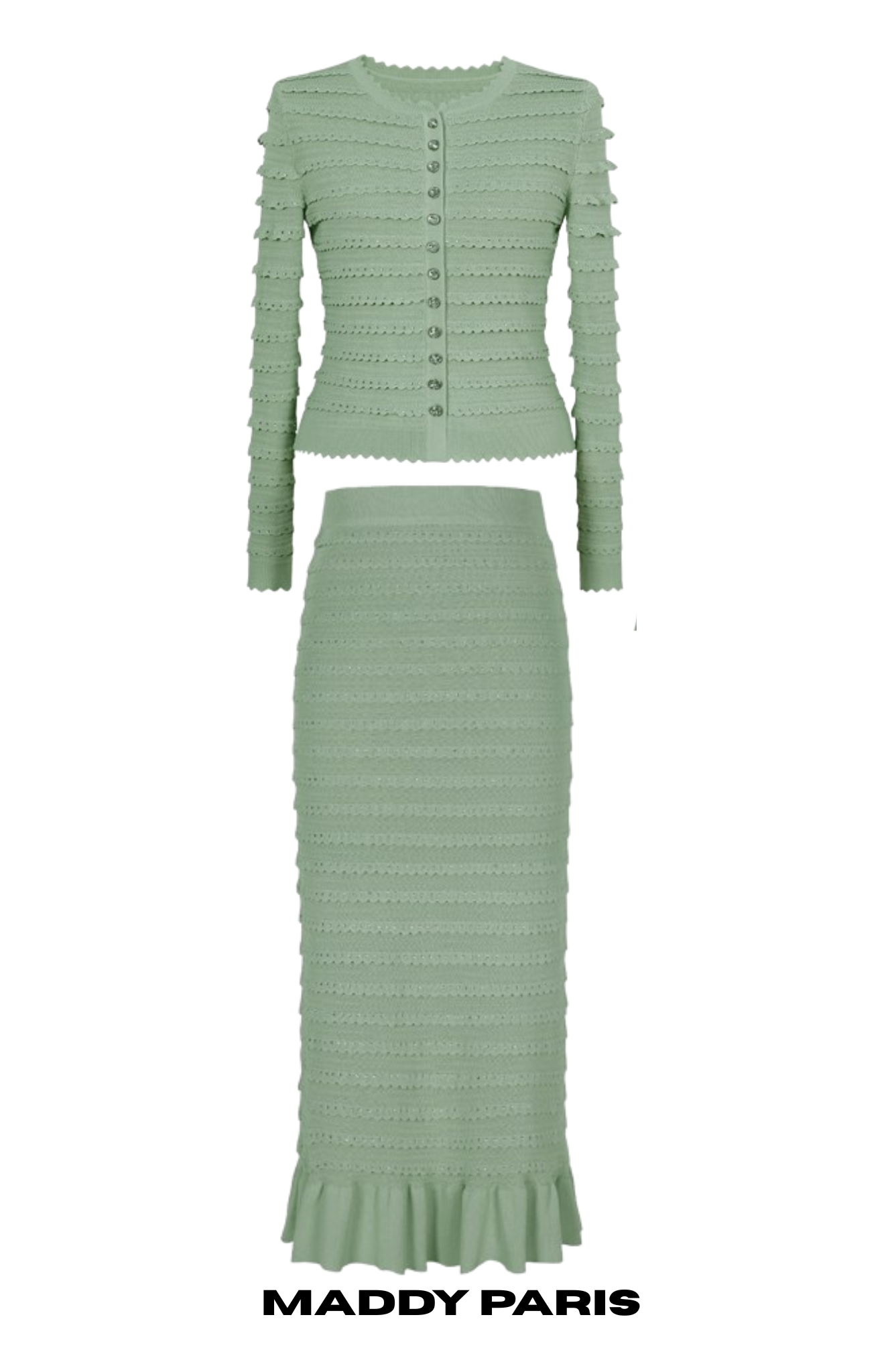 SANDRO SERAPHINA RHINESTONE FANCY KNIT CARDIGAN & MAXI SKIRT SET – MINT GREEN