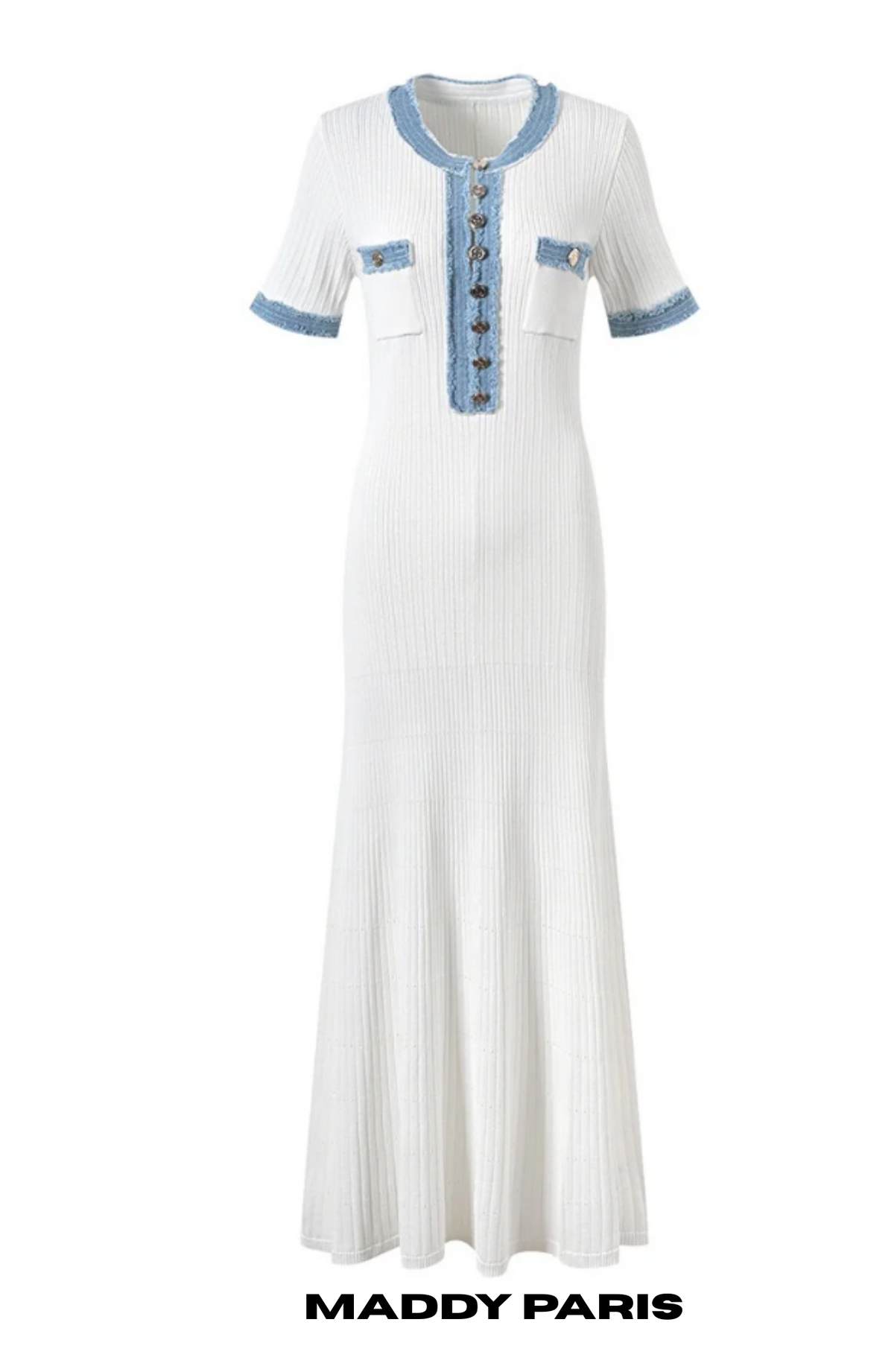 sandro white dress SANDRO DENIM-TRIM KNITTED MAXI DRESS