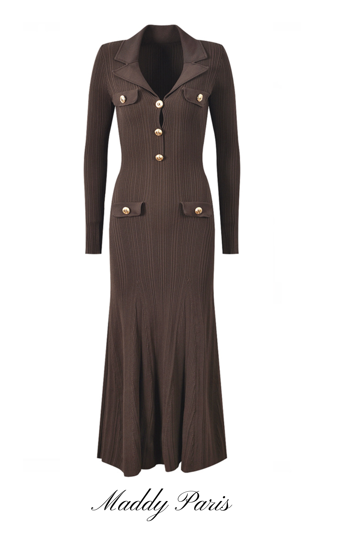 Brown Viscose Rib Knit Midi Dress