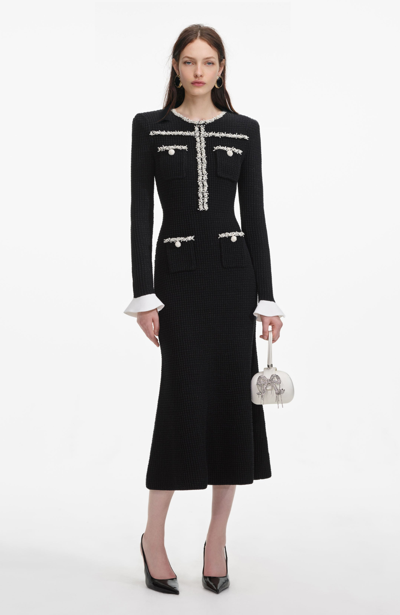 Black Pearl Trim Knit Midi Dress