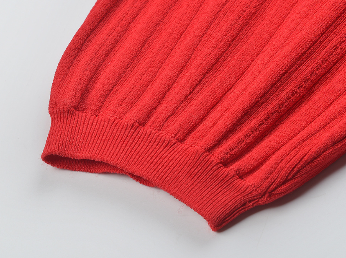 SANDRO VALERIE KNIT MIDI DRESS - RED & WHITE