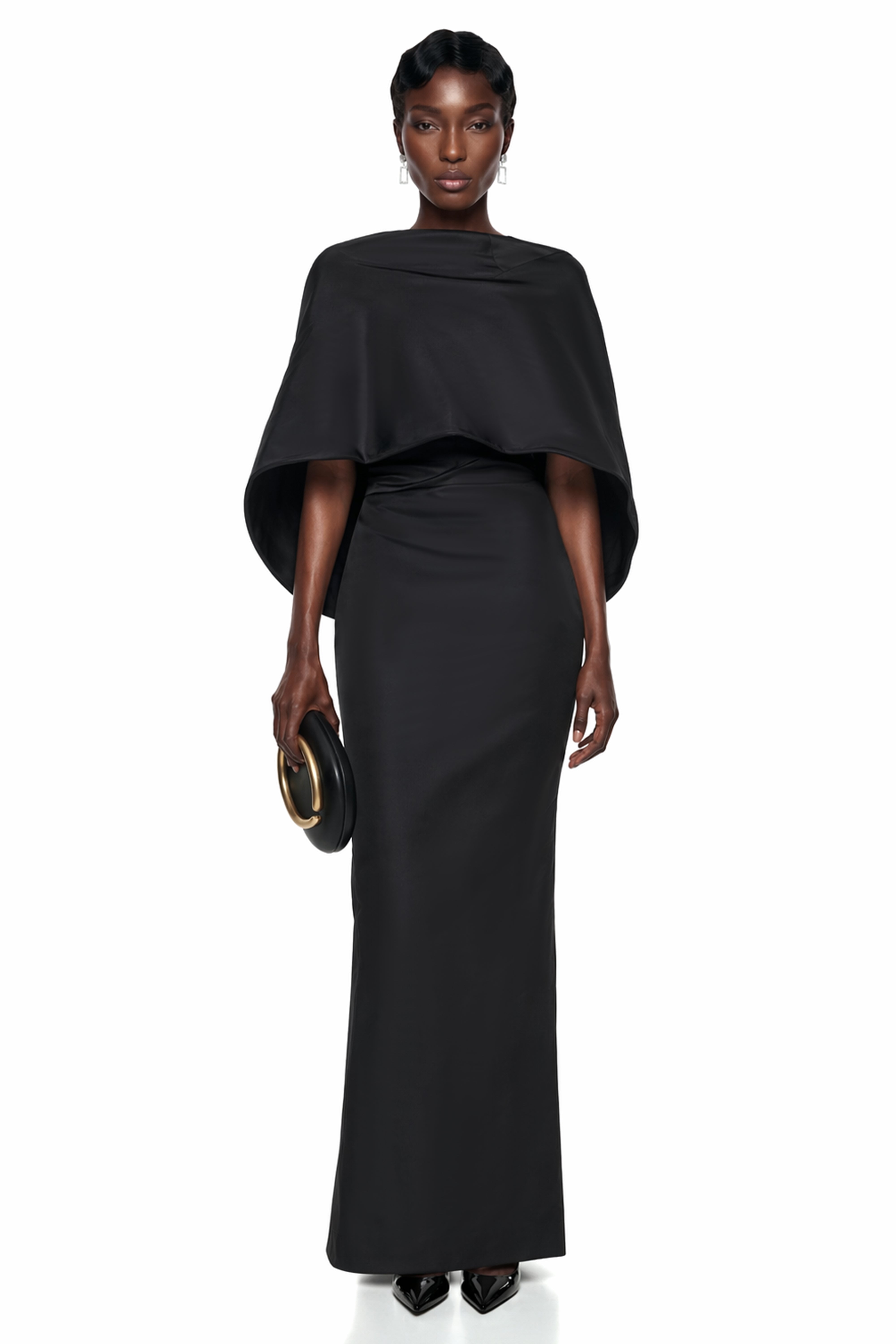 Querubina Black Draped Cape Ruched Maxi Dress