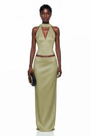 Querubina Green Plunge Neck Satin Top & Skirt Set